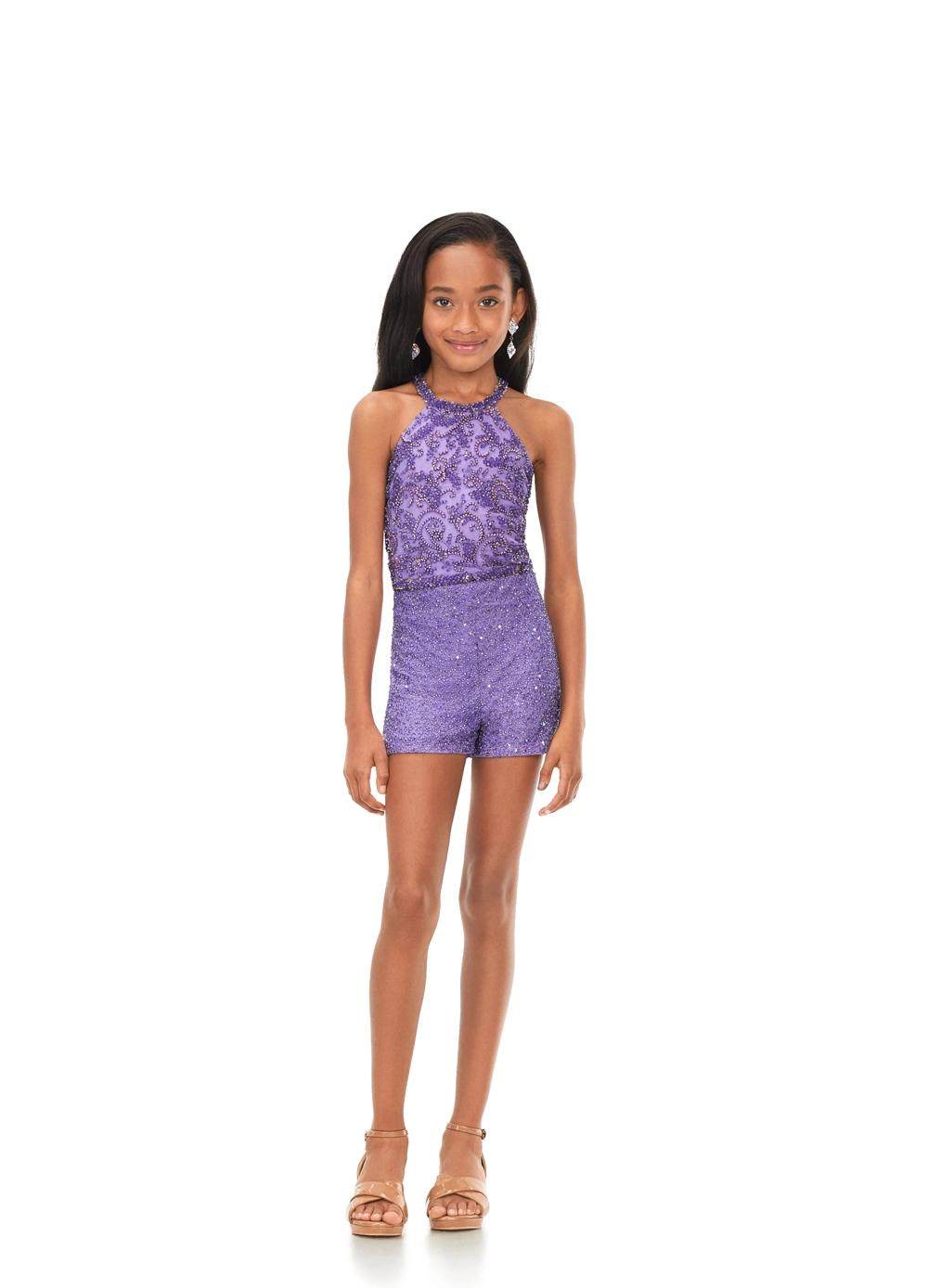 Lilac ASHLEYlauren Kids 8187 Hand Beaded Halter Romper with Beaded Bodice and Shorts