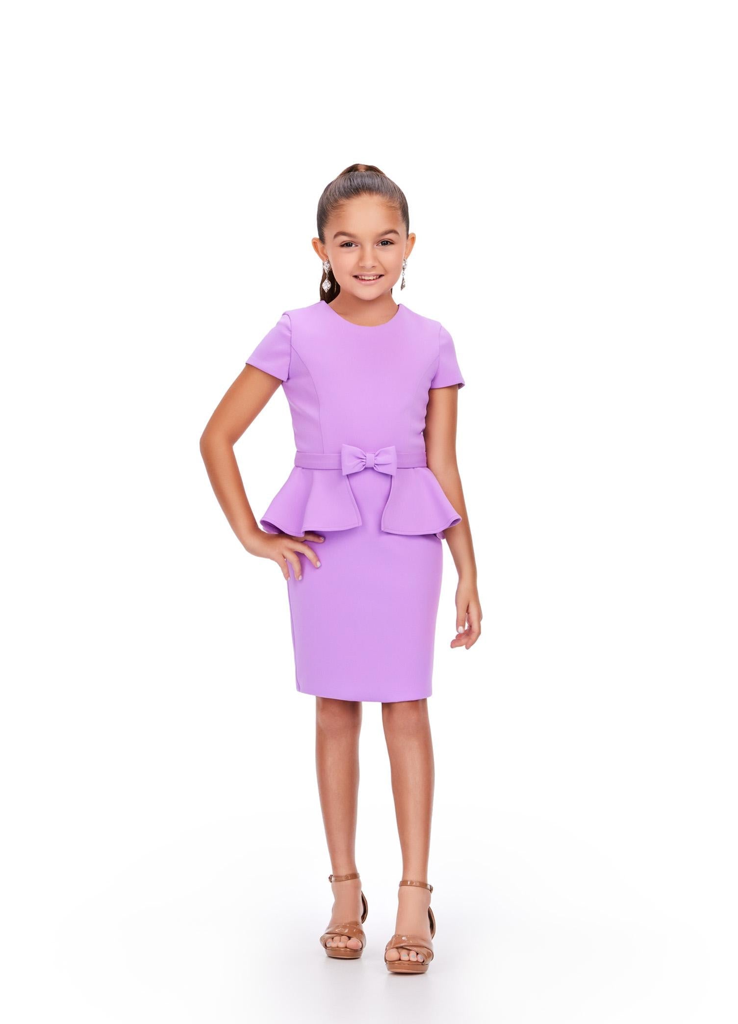 Lilac ASHLEYlauren Kids 8205 Fitted Scuba Cocktail Dress with Peplum Detail and Bow