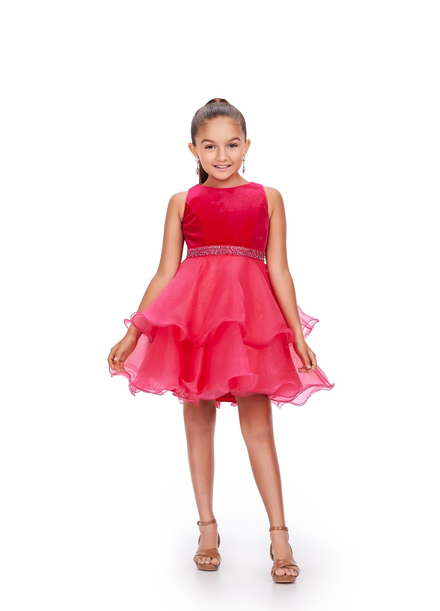 Magenta ASHLEYlauren Kids 8216 Velvet and Organza Cocktail Dress with Beaded Waistband