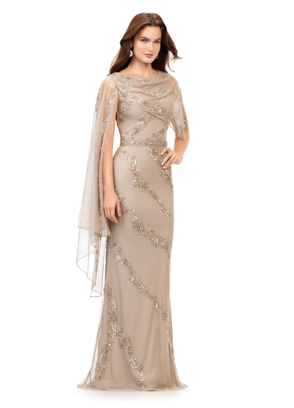 Marble ASHLEYlauren 11213 Elegant Hand Beaded Gown with Crew Neckline, Intricate Bead Motif, Asymmetrical Overlay Detail, and High Back