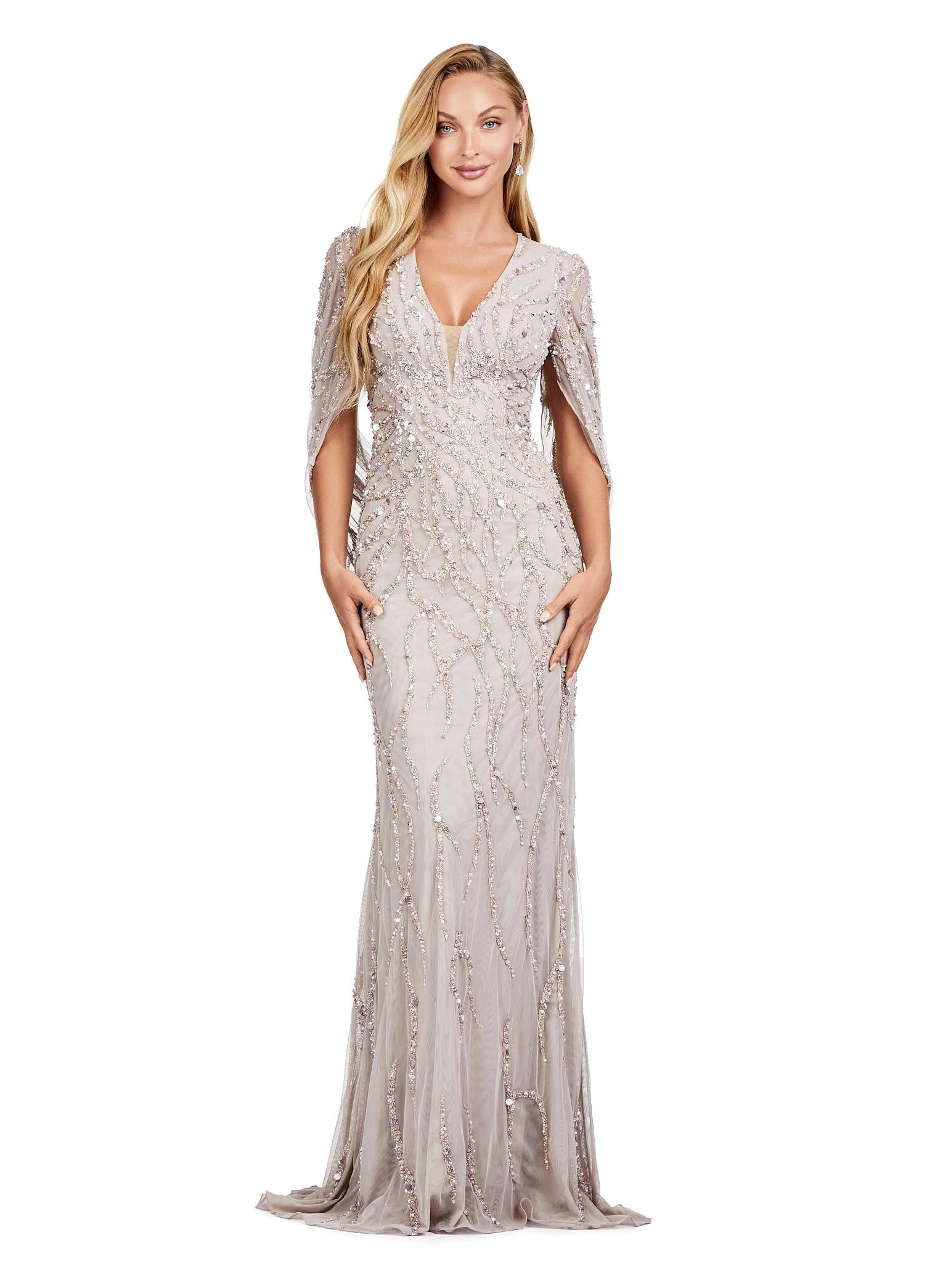 Marble ASHLEYlauren 11430 High Fashion Fully Beaded Fitted Gown with Elegant V-Neckline and Statement Cape Sleeves