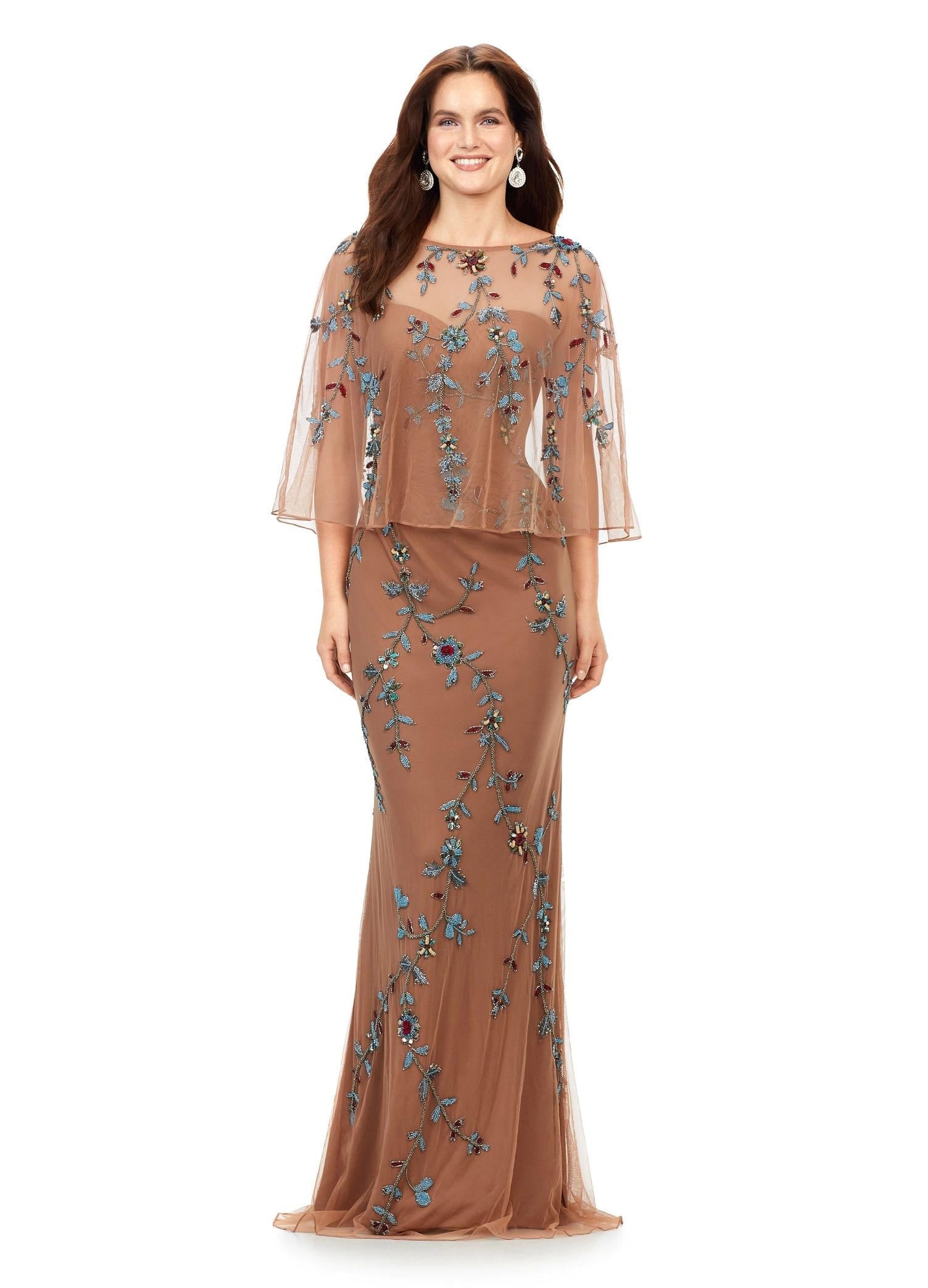 Multi/Dark Nude ASHLEYlauren 11211 Sophisticated Strapless Gown with Sweetheart Neckline, Floral Beaded Motif, and Detachable Crew Neckline Overlay