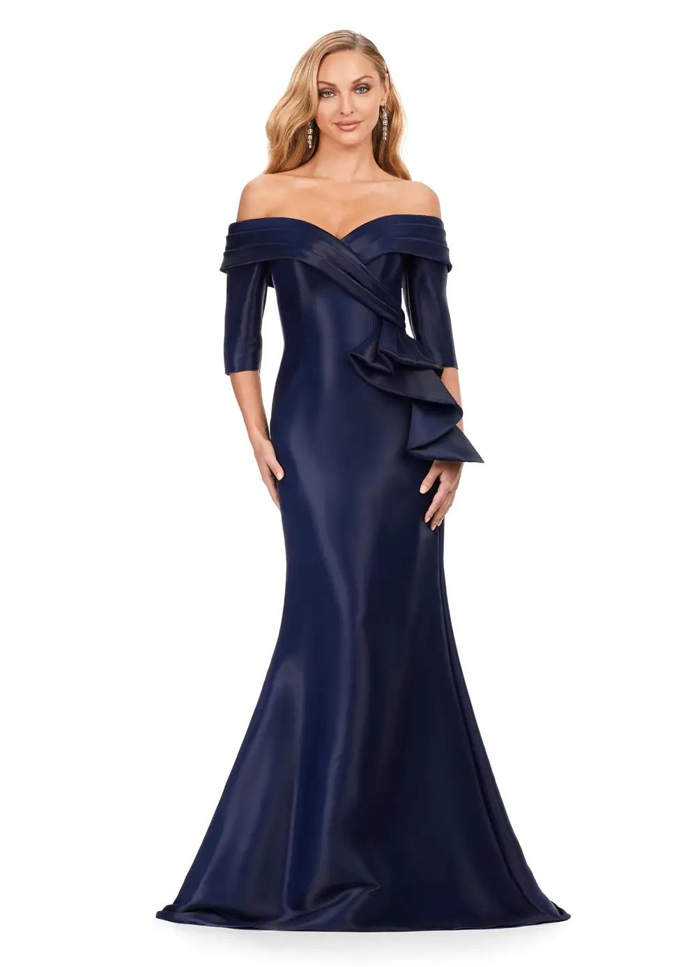 Navy ASHLEYlauren 11324 Elegant Off Shoulder Fitted Mermaid Gown in Phantom Satin with Statement Ruffle Detail at the Hip
