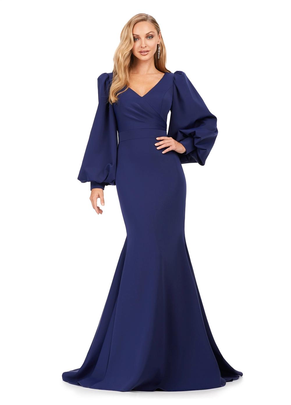Navy ASHLEYlauren 11345 Elegant Fitted Scuba Evening Gown with Draped V-Neckline, Flowing Bishop Sleeves, and Sweep Train