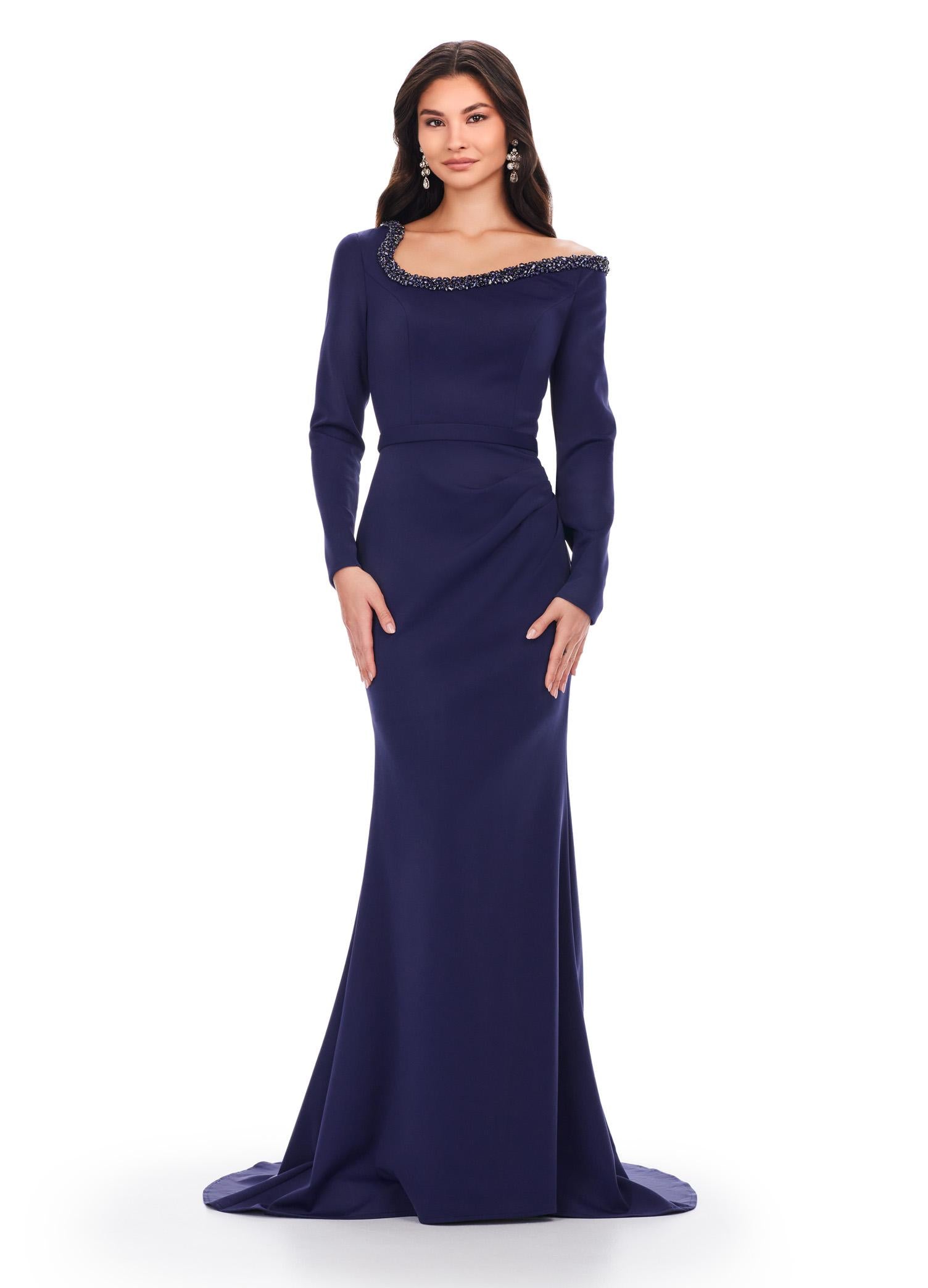 Navy ASHLEYlauren 11450 Chic Long Sleeve Scuba Gown with Asymmetrical Off Shoulder Beaded Neckline and Flattering Ruched Hip Detailing