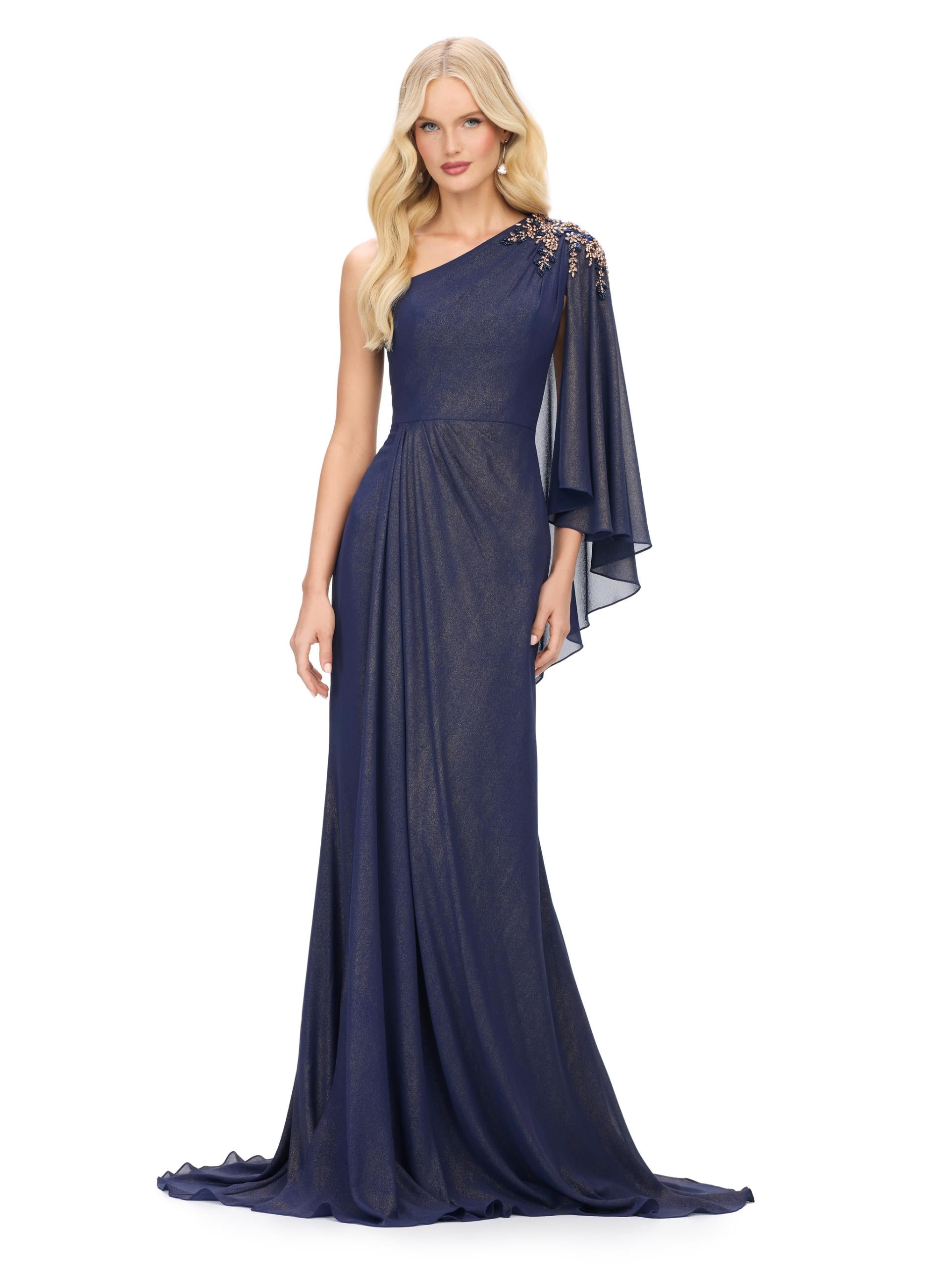 Navy ASHLEYlauren 11701 Elegant One Shoulder Chiffon Gown with Flowing Ruffle Sleeve and Sparkling Beaded Details