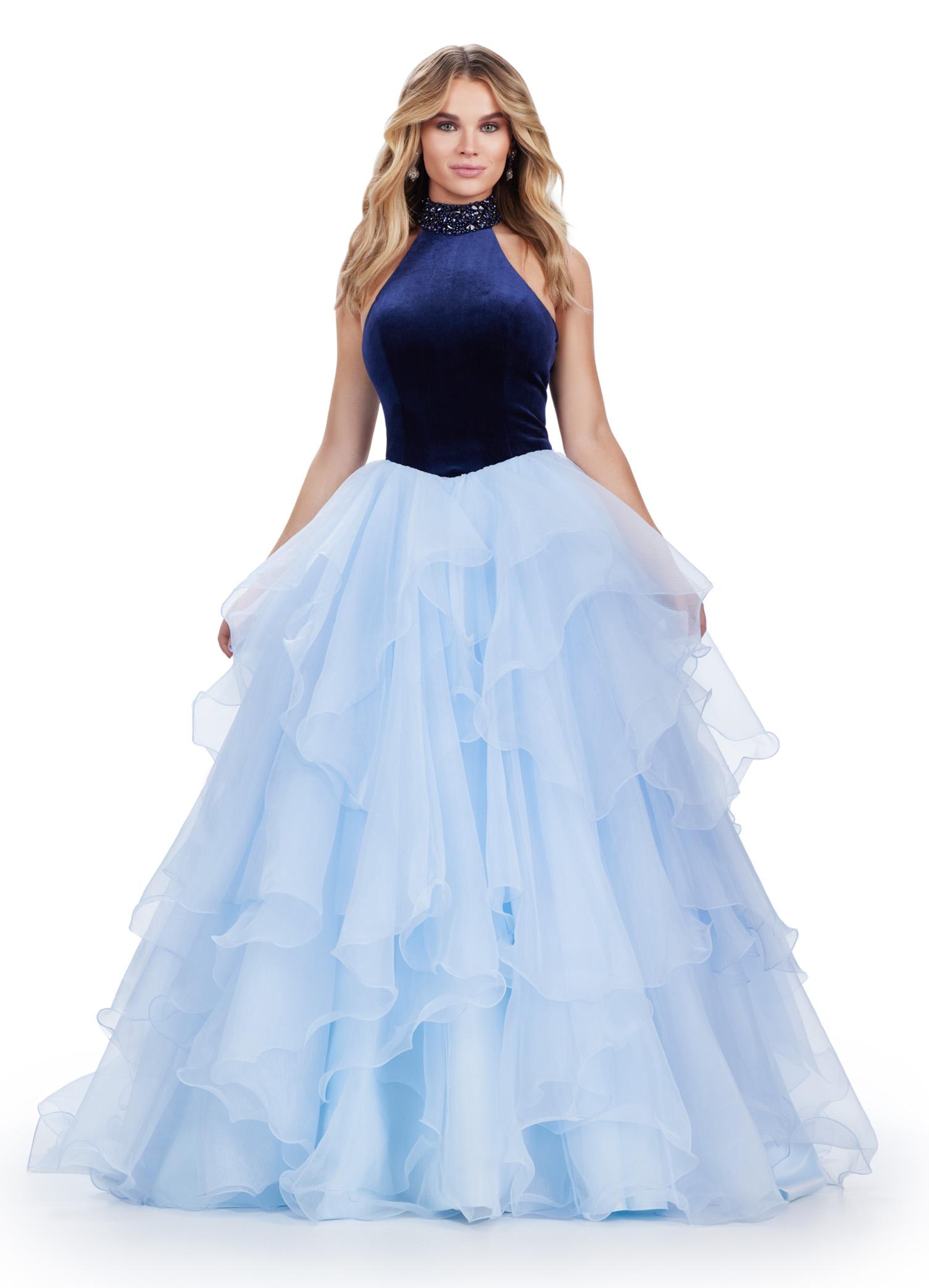 Navy/Sky ASHLEYlauren 11562 Halter Neck Velvet Bustier Ball Gown with Beaded Choker and Dramatic Ruffled Organza Skirt