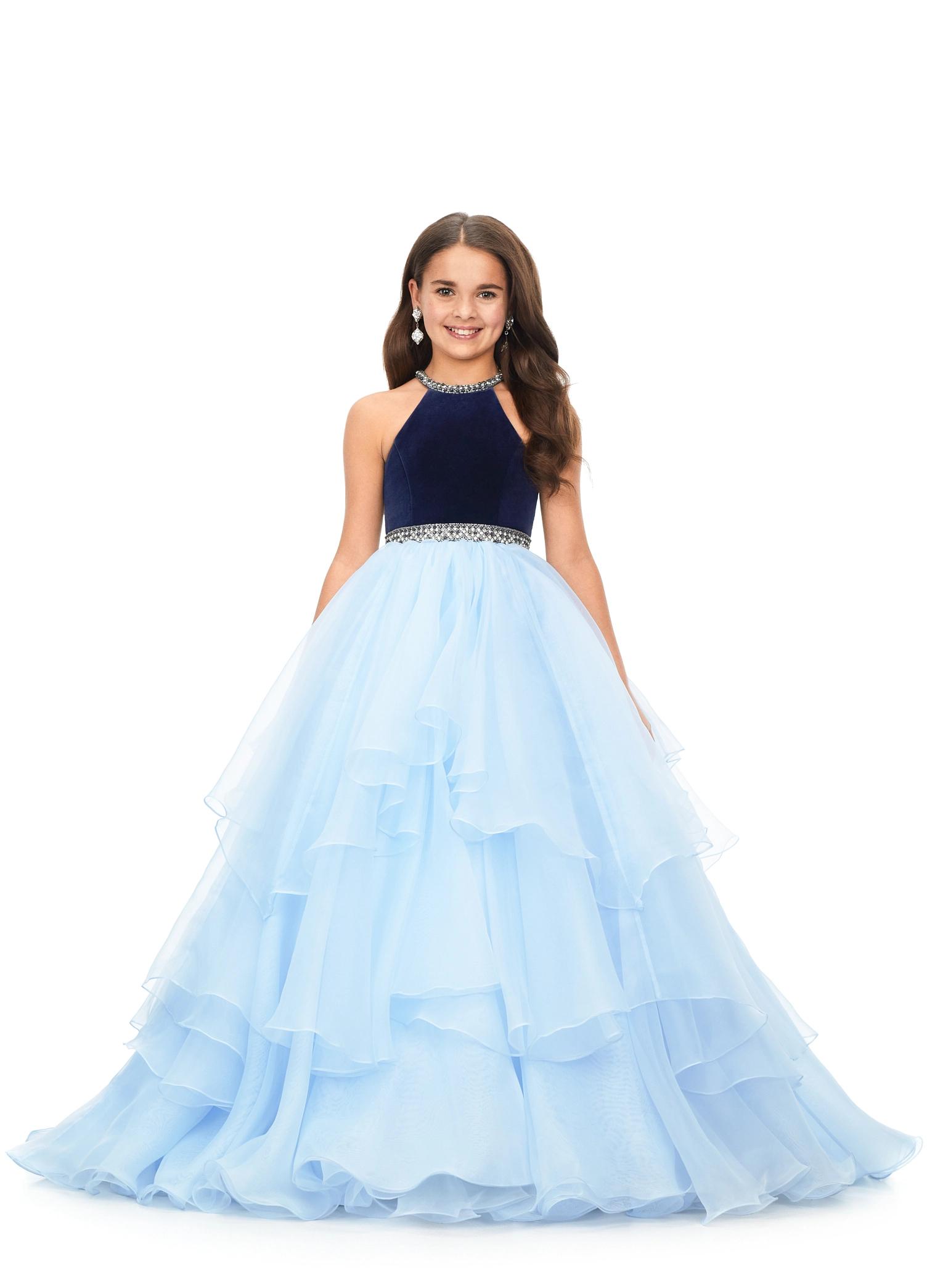 Navy/Sky ASHLEYlauren Kids 8179 Halter Ball Gown with Velvet Bodice and Crystal Details