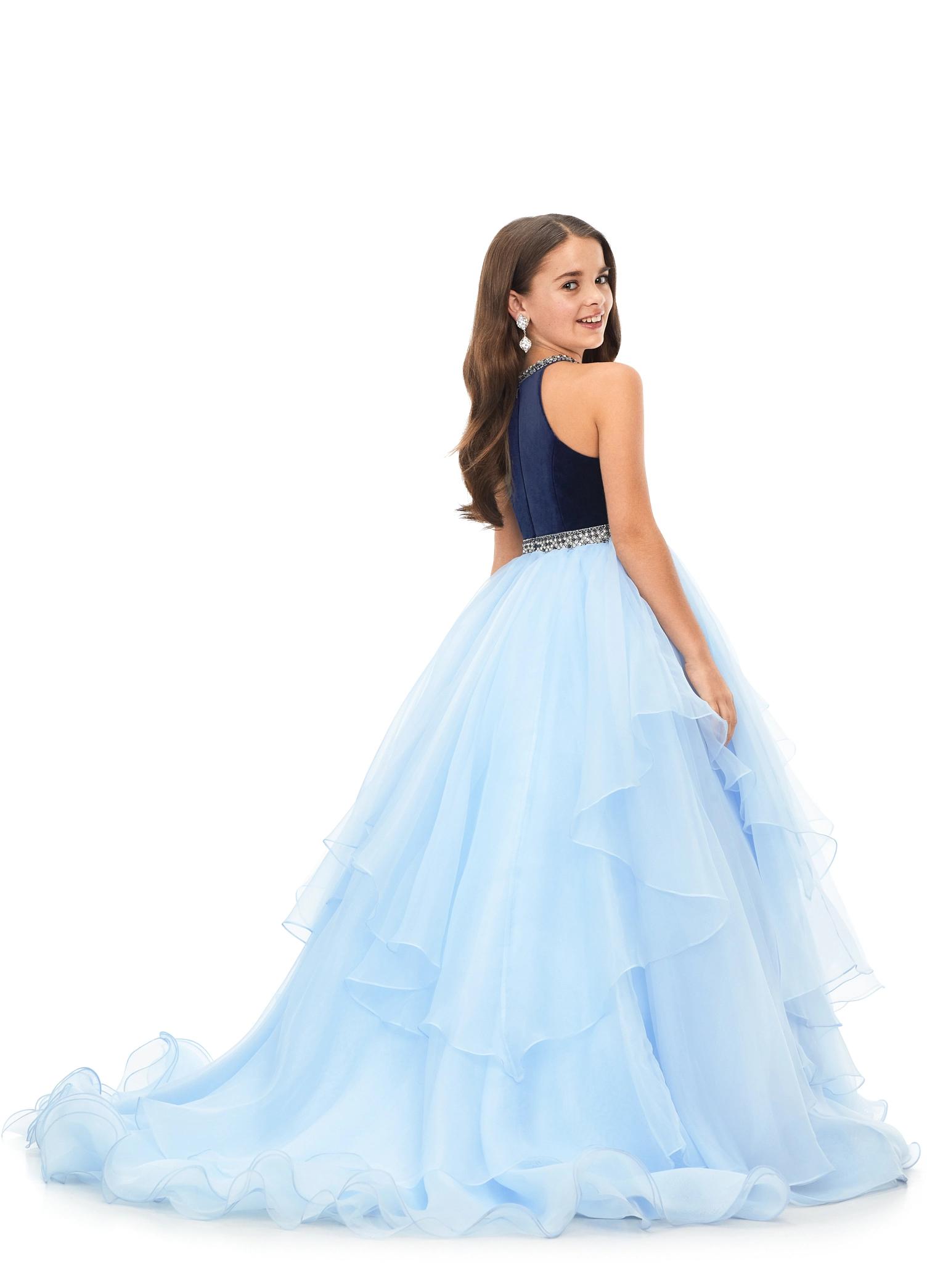 Navy/Sky ASHLEYlauren Kids 8179 Halter Ball Gown with Velvet Bodice and Crystal Details. Back