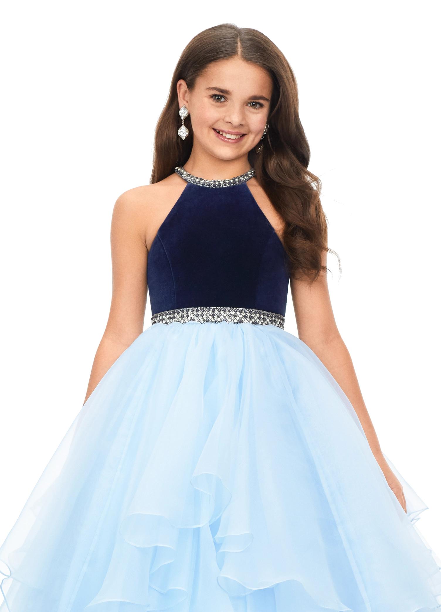 Navy/Sky ASHLEYlauren Kids 8179 Halter Ball Gown with Velvet Bodice and Crystal Details. 
