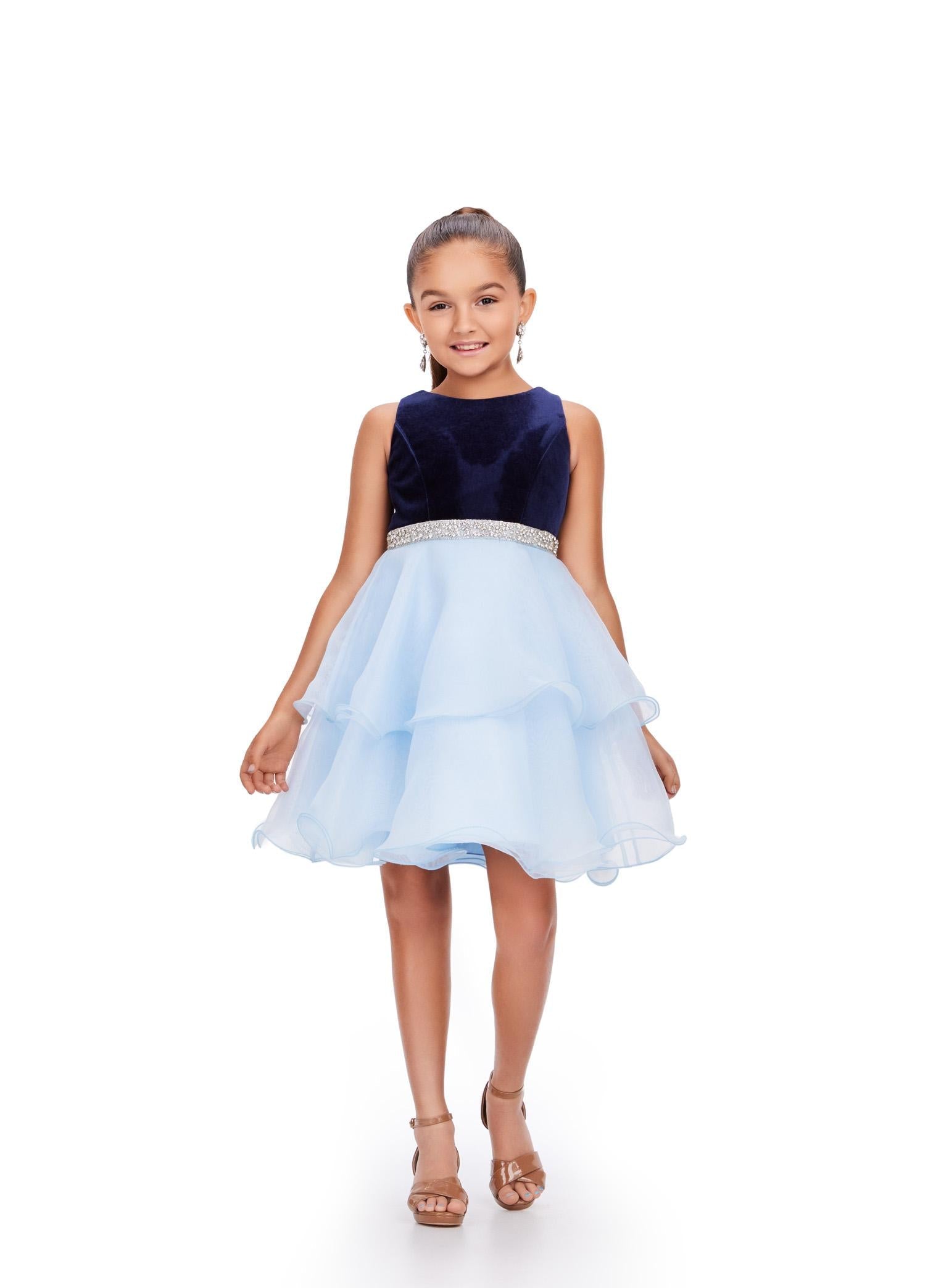 Navy/Sky ASHLEYlauren Kids 8216 Velvet and Organza Cocktail Dress with Beaded Waistband