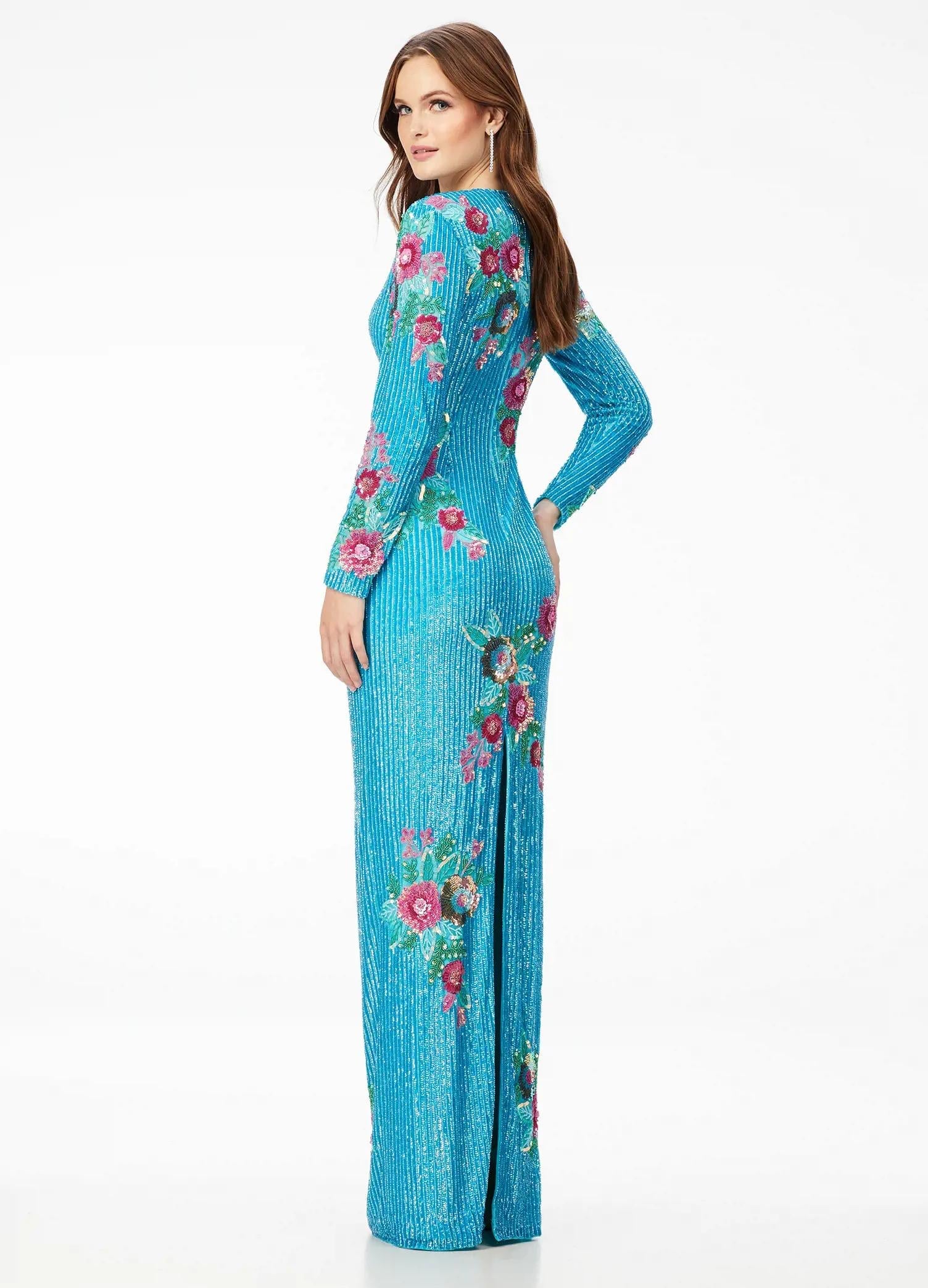Back - Neon Blue ASHLEYlauren 11203 fully beaded gown featuring a high crew neckline, long sleeves, and an ornately beaded cascading floral pattern with a back vent for an elegant and sophisticated look.