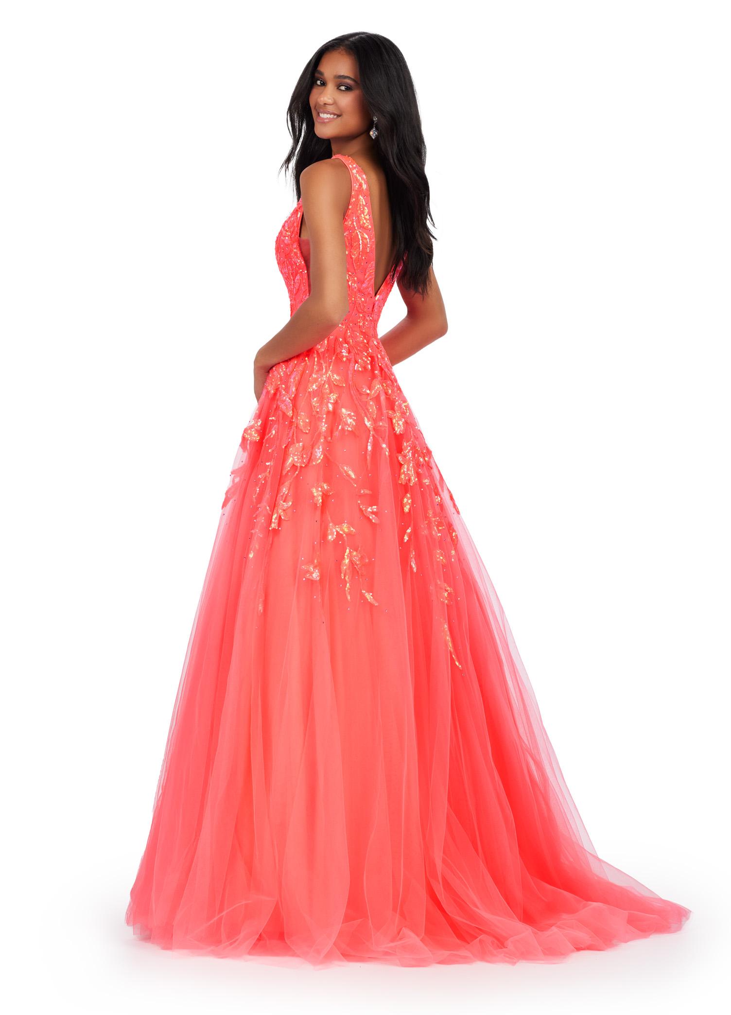 Neon Coral ASHLEYlauren 11470 Tulle Ball Gown with V-Neckline, V-Back, Sequin Appliqué Bodice, and Cascading Appliqué Detail on Full Skirt