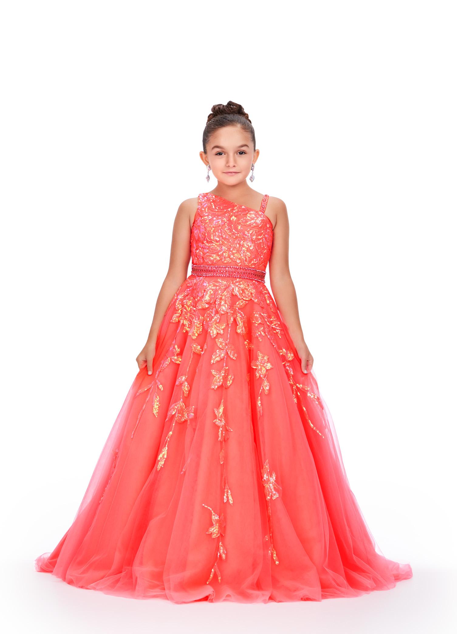Neon Coral ASHLEYlauren 8240 kids tulle ball gown featuring a one shoulder design, sequin applique bodice, beaded waistline, and cascading sequin details onto the full A-line skirt for a dazzling and elegant look.