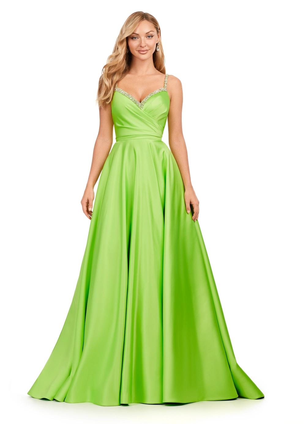 Neon Green ASHLEYlauren 11267 stunning A-line gown featuring delicate spaghetti straps, a sweetheart neckline, eye-catching crystal trim, and asymmetrical ruching on the bustier to accentuate your curves for a glamorous and sophisticated look.