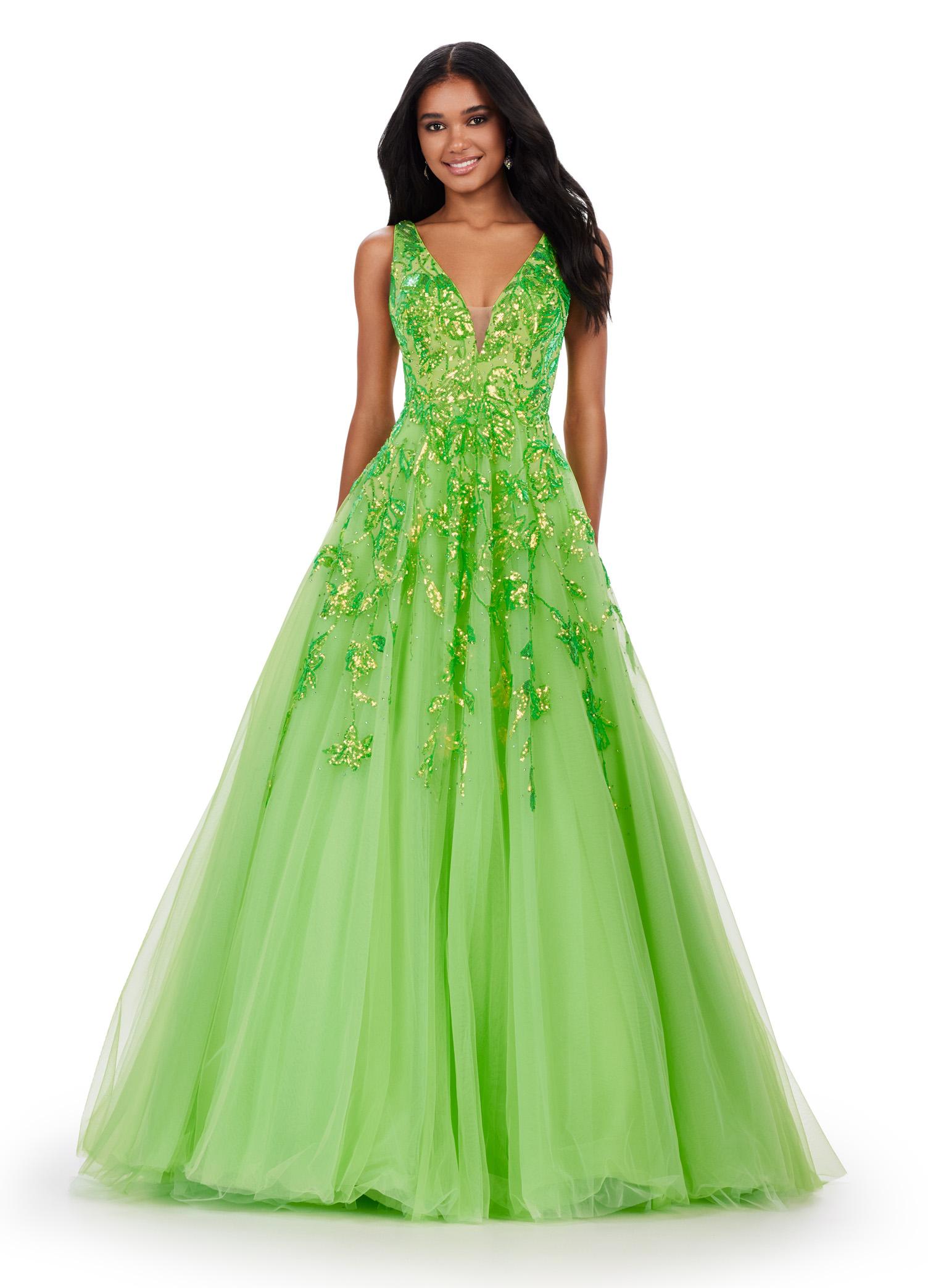 Neon Green ASHLEYlauren 11470 Tulle Ball Gown with V-Neckline, V-Back, Sequin Appliqué Bodice, and Cascading Appliqué Detail on Full Skirt