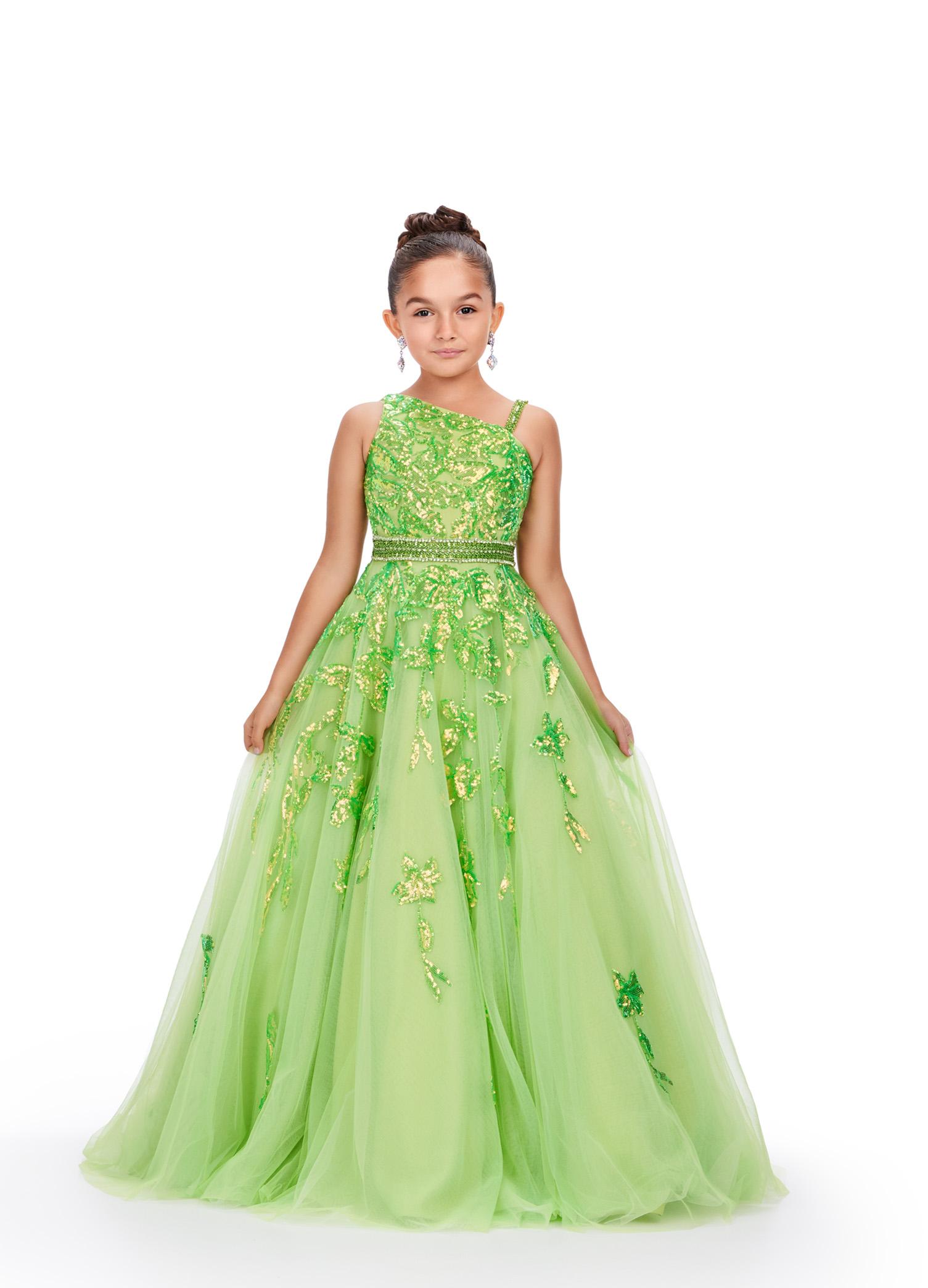 Neon Green ASHLEYlauren 8240 kids tulle ball gown featuring a one shoulder design, sequin applique bodice, beaded waistline, and cascading sequin details onto the full A-line skirt for a dazzling and elegant look.