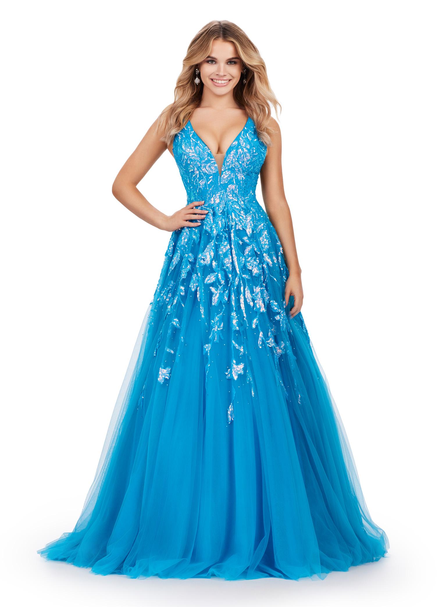 Ocean ASHLEYlauren 11470 Tulle Ball Gown with V-Neckline, V-Back, Sequin Appliqué Bodice, and Cascading Appliqué Detail on Full Skirt