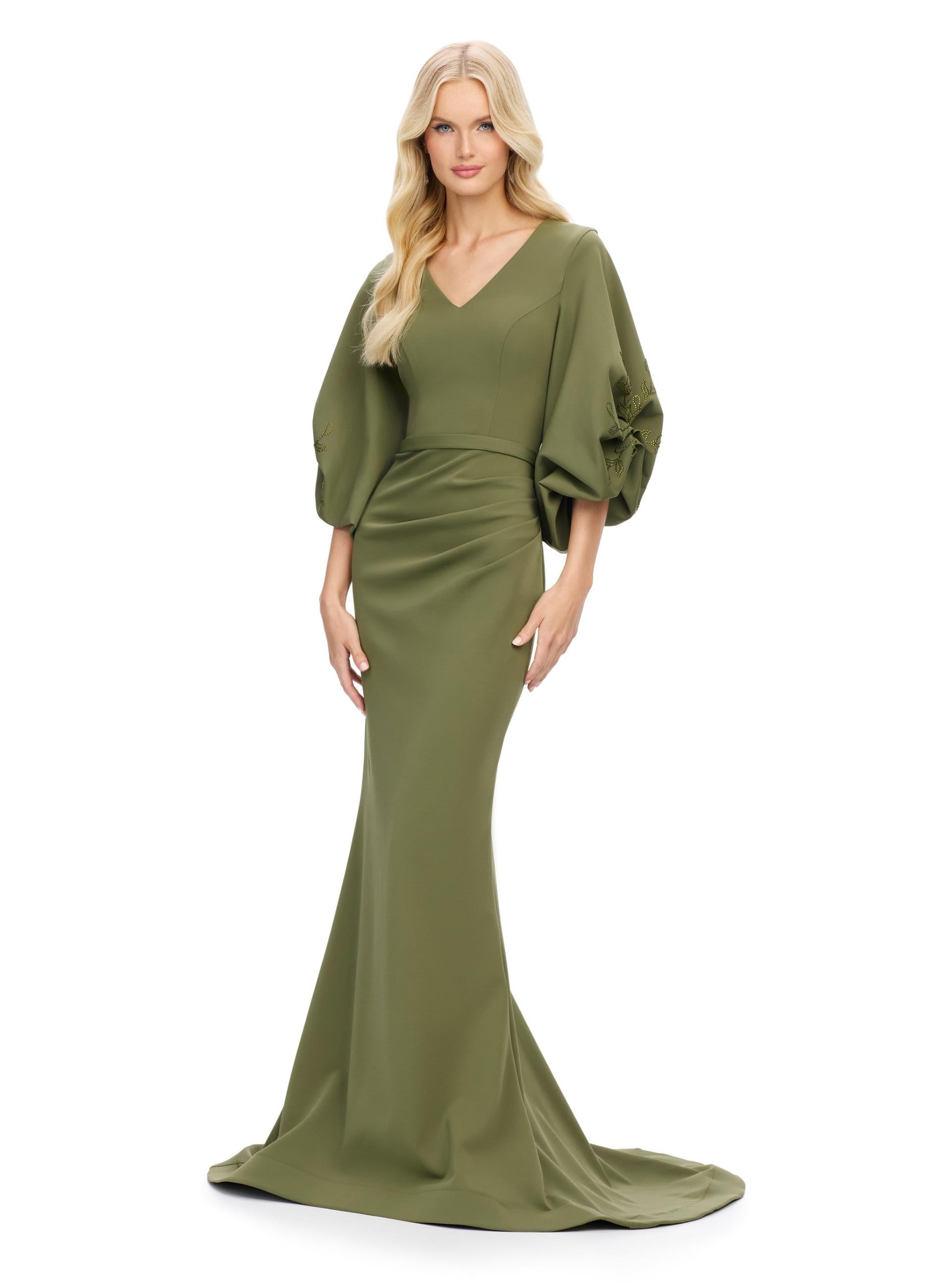 Olive ASHLEYlauren 11740 Timeless Fitted Scuba Gown with Elegant V-Neckline, Embellished Balloon Sleeves, Press On Stone Accents, and Wrap Skirt Design