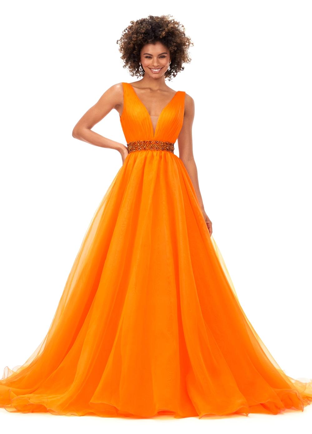 Orange ASHLEYlauren 11305 stunning organza ball gown featuring a deep V-neckline, V-back, crystal-encrusted waistband, and a long, lavish train for an elegant and show-stopping look.