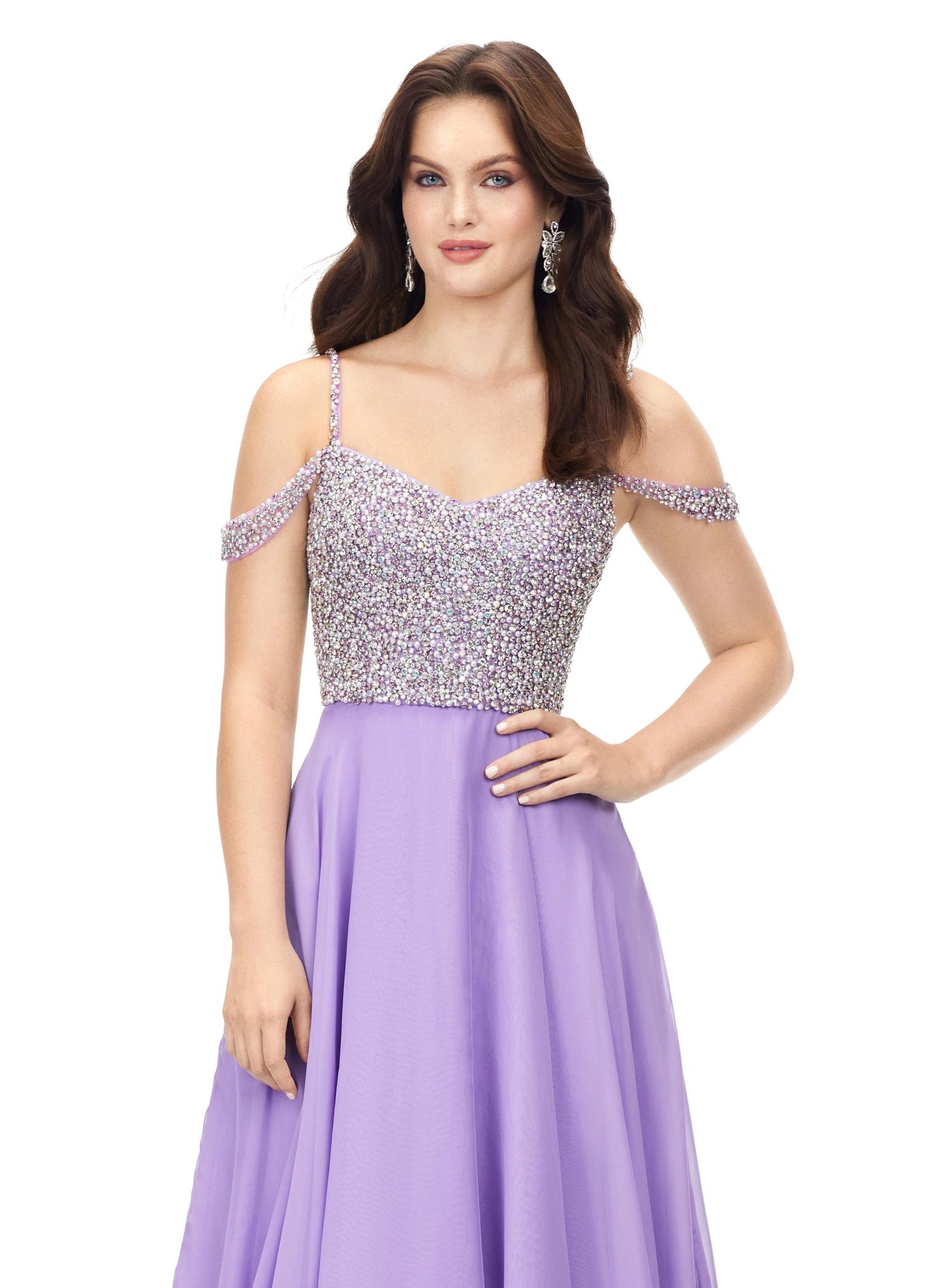 Orchid ASHLEYlauren 11253 – A dazzling chiffon A-line gown featuring a sweetheart neckline and a fully encrusted bustier with crystals and pearls, along with crystal and pearl-encrusted spaghetti and shoulder straps. Perfect for making an unforgettable statement at any event.