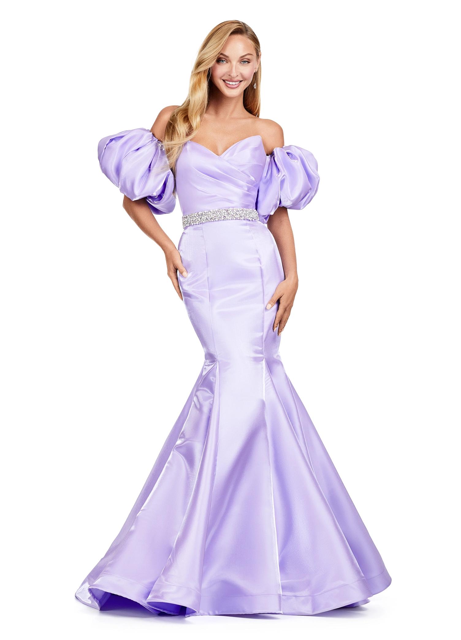 Orchid ASHLEYlauren 11419 Strapless Satin Gown with Sweetheart Neckline, Voluminous Puff Sleeves, Mermaid Silhouette, and Sparkling Jeweled Belt