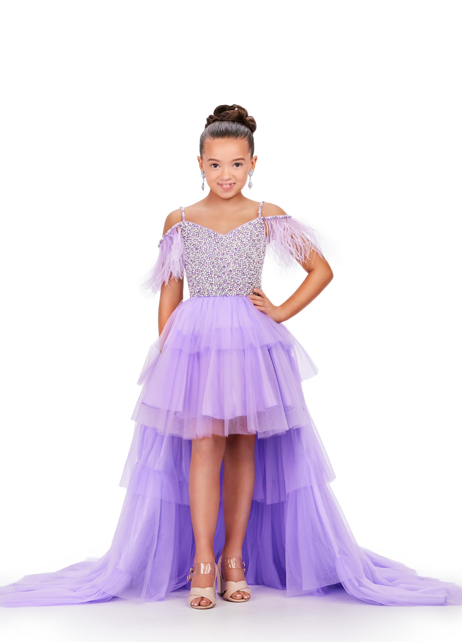 Orchid ASHLEYlauren 8259 fun and flirty kids high-low tulle dress featuring a V-neckline, V-back, off shoulder feather straps, and a crystal-encrusted beaded bustier for a dazzling and stylish look.