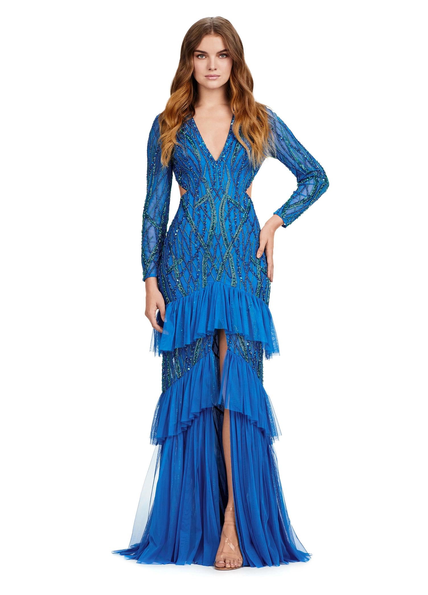 Peacock ASHLEYlauren 11436 stunning fully beaded gown featuring a V-neckline, open back, long sleeves, and a tiered ruffle skirt with a center slit for a show-stopping entrance.