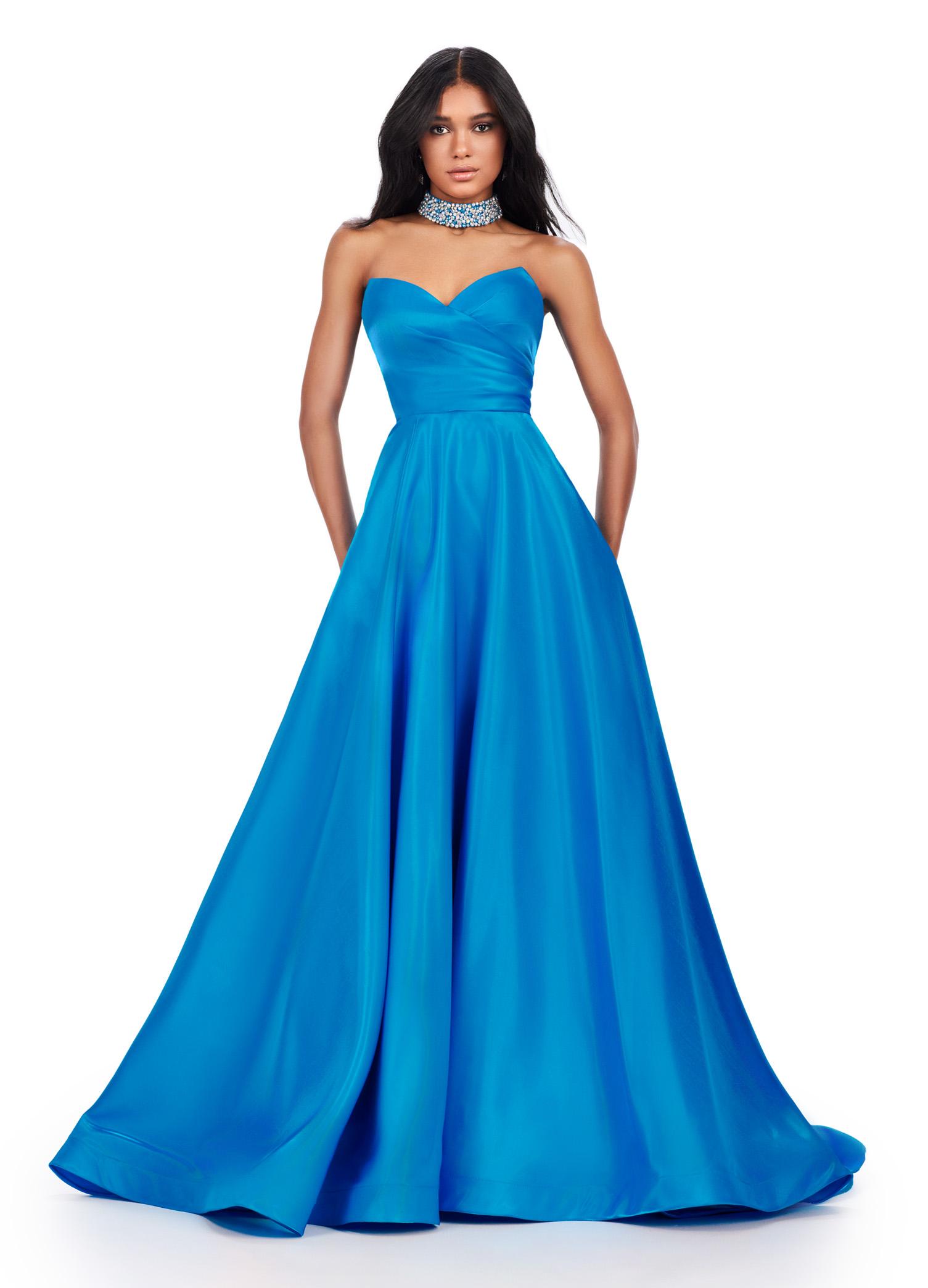 Peacock ASHLEYlauren 11473 elegant A-line satin ball gown featuring a strapless sweetheart neckline, ruched bustier, and a fully beaded matching choker for a timeless and glamorous look.