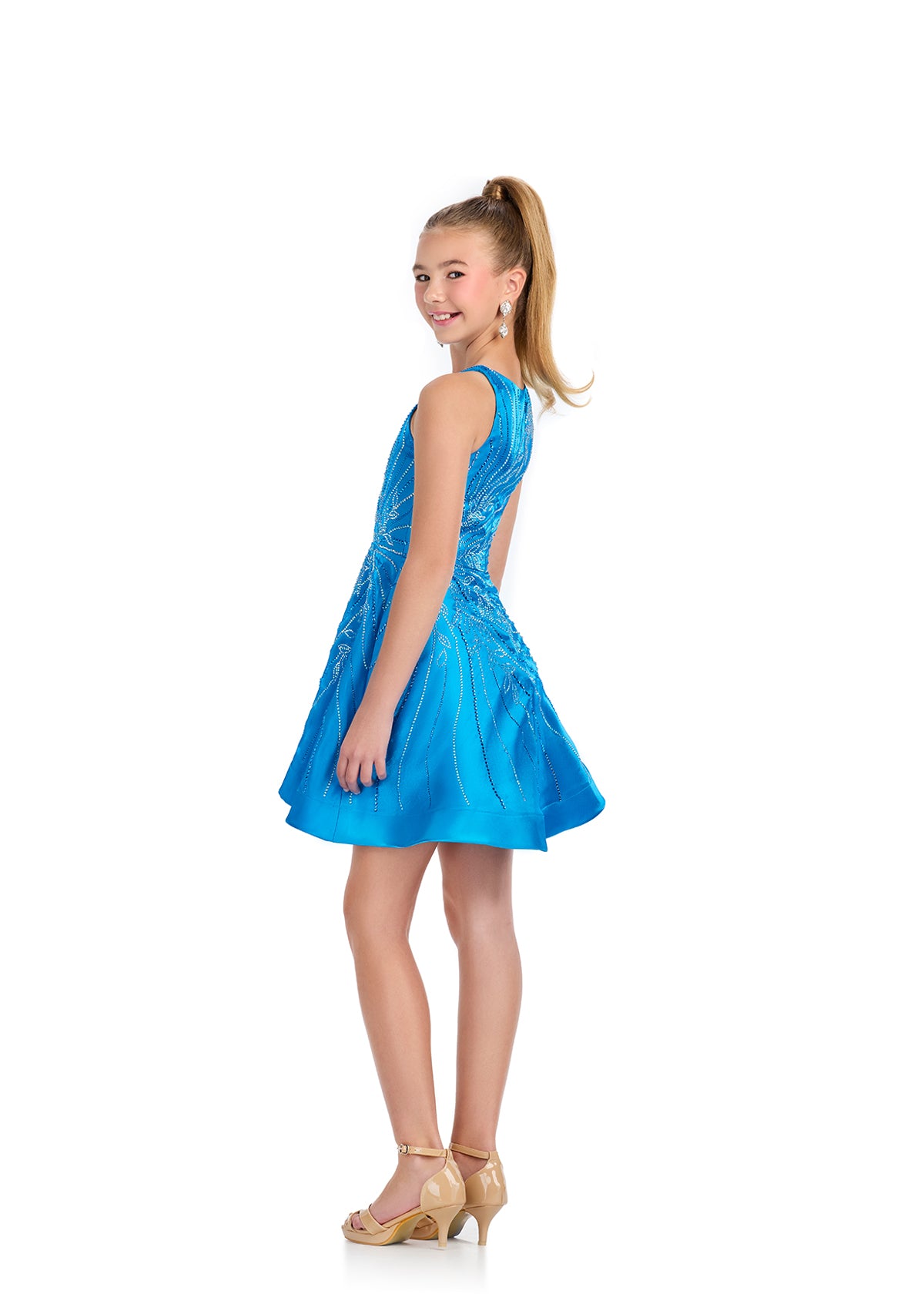 Back - Peacock ASHLEYlauren 8316 Satin Cocktail Dress with Crew Neckline, Press-On Stone Beading, and A-Line Skirt