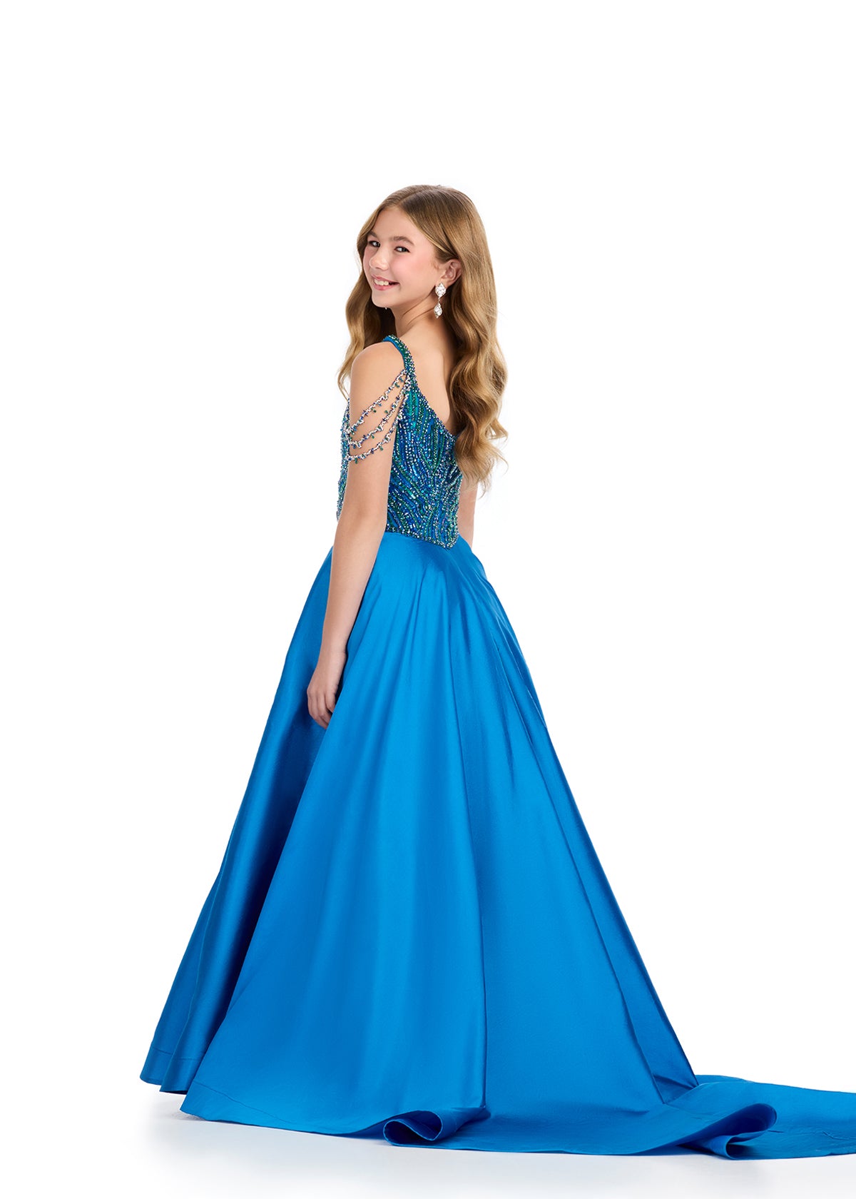 Back - Peacock ASHLEYlauren 8320 Beaded Ball Gown with Off-Shoulder Straps, Bustier Bodice, and Taffeta Skirt