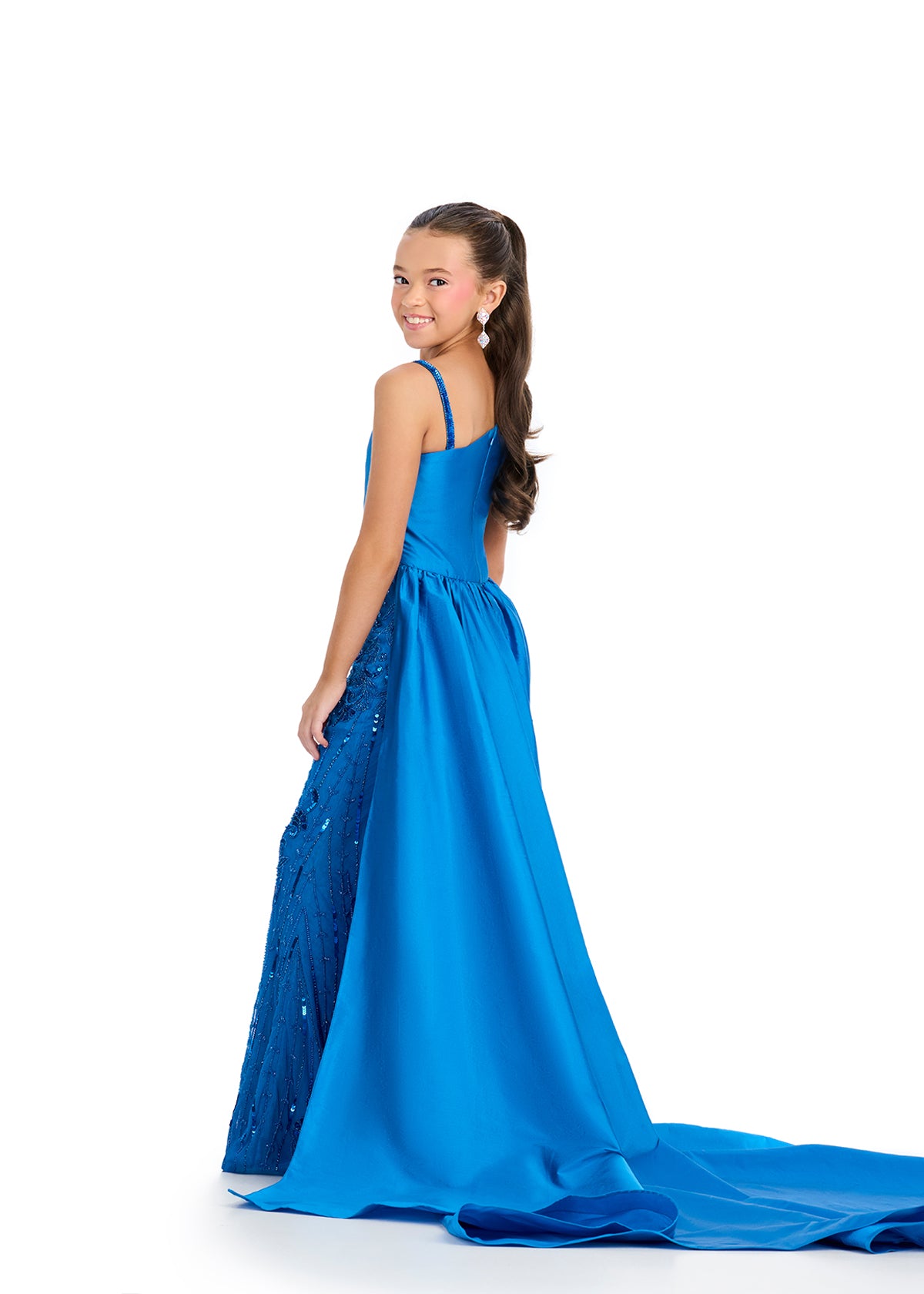 Back - ASHLEYlauren 8287 One-Shoulder Fully Beaded Jumpsuit with Taffeta Bustier and Flowing Overskirt with Train