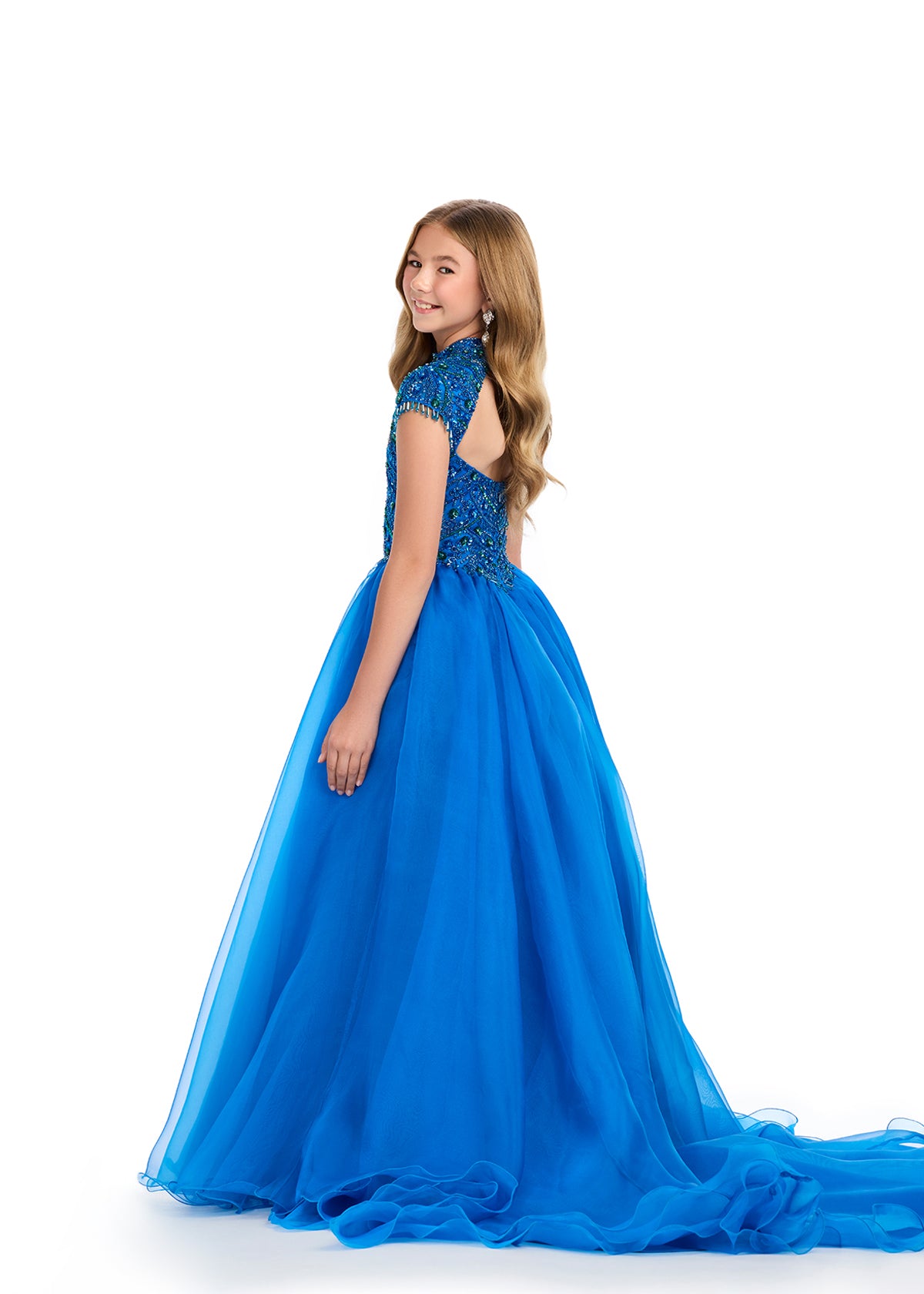 Back - Peacock ASHLEYlauren 8296 Ball Gown with Halter Neckline, Fully Beaded Bodice, Open Back, and Flowing Organza Skirt with Sweeping Train