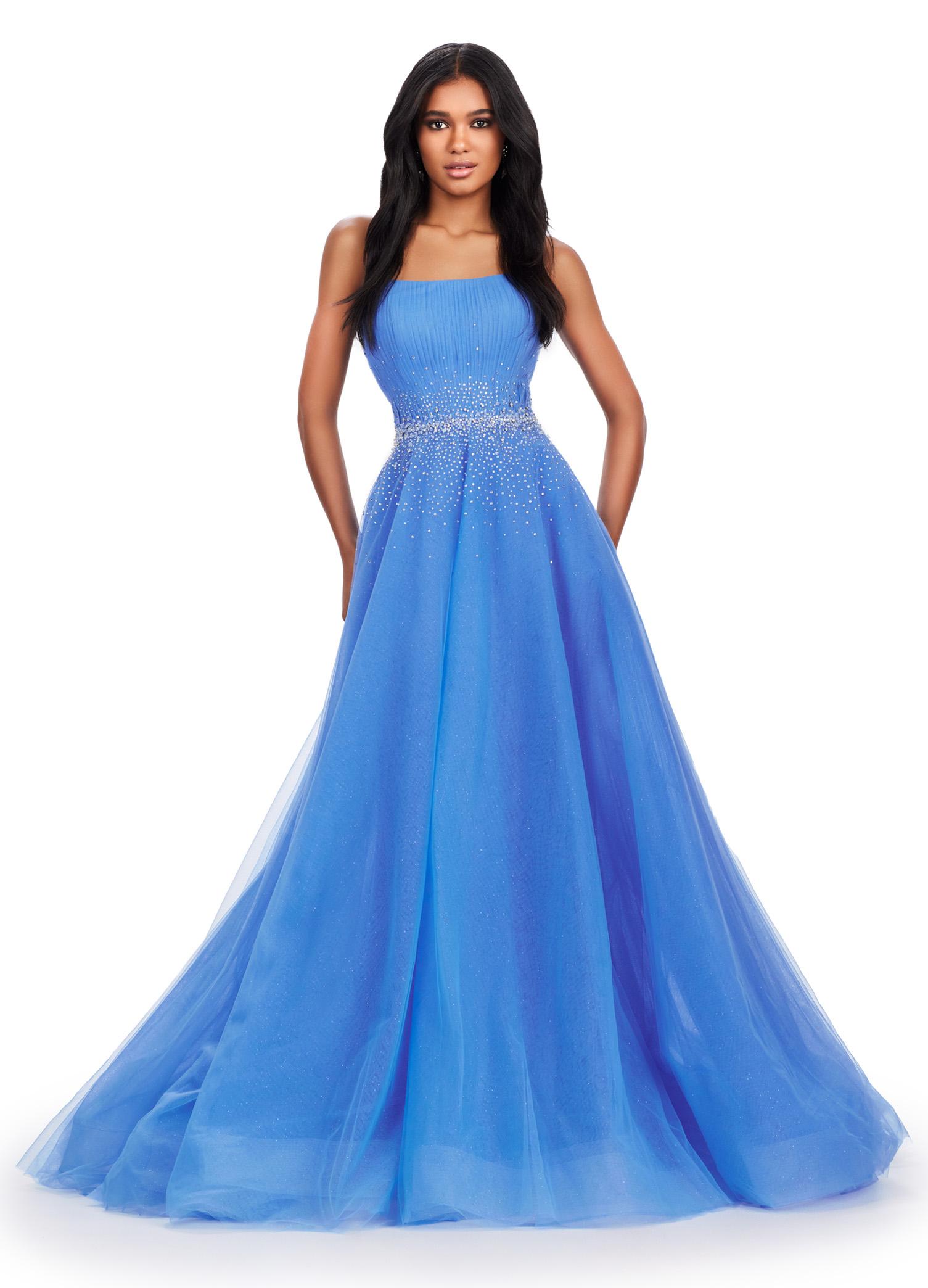 Periwinkle ASHLEYlauren 11597 Strapless Glitter Tulle Ball Gown with Sparkling Trickle Beaded Belt and Voluminous Princess Skirt
