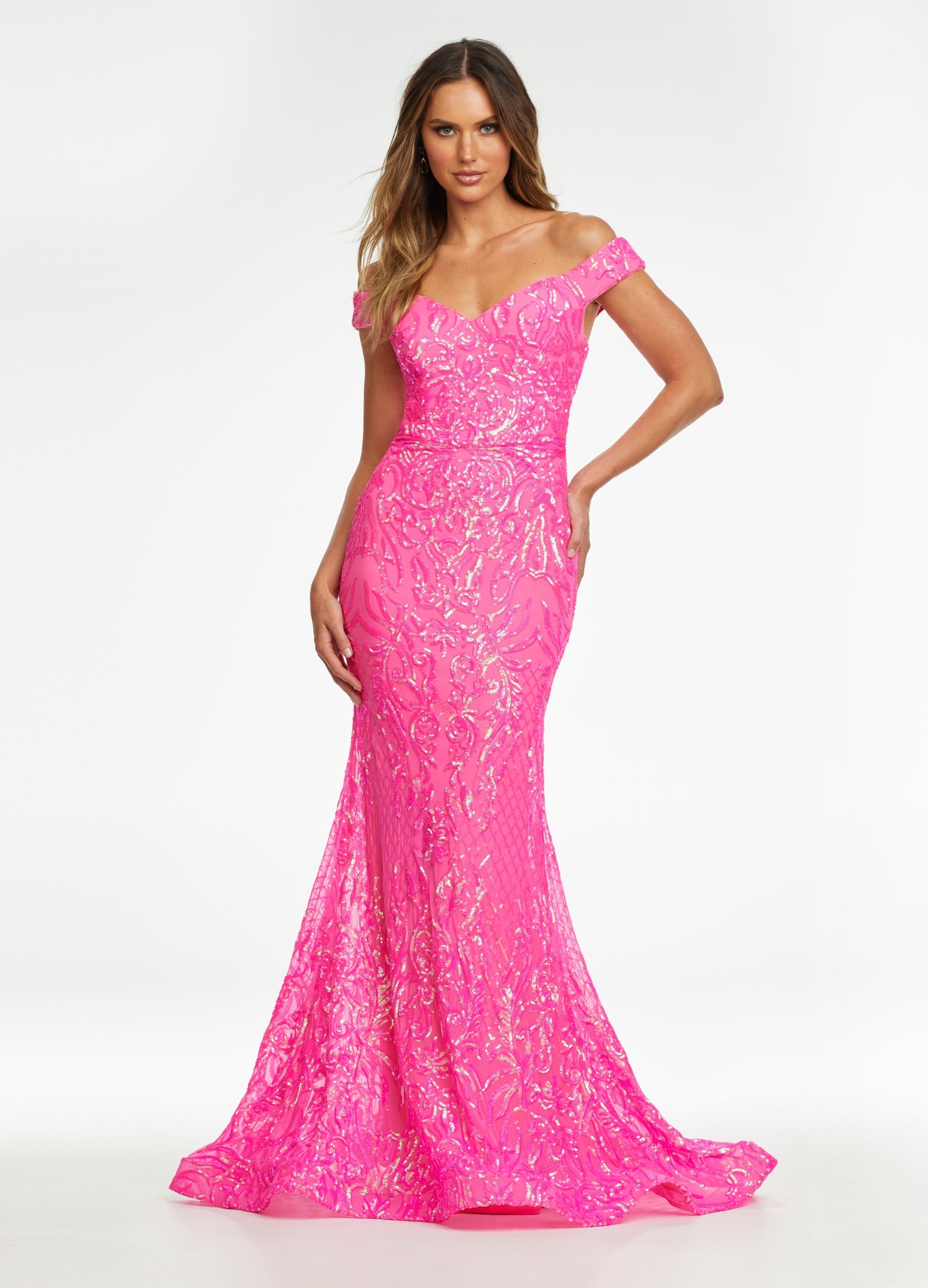 ASHLEYlauren 11115 - Off-Shoulder Stretch Sequin Gown with