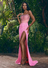 ASHLEYlauren 11238 | Pink jaw-dropping strapless gown featuring a fitted silhouette, corset bustier with stunning crystal beadwork, a fully beaded wrap skirt, and a left leg slit for a glamorous red carpet-worthy look.