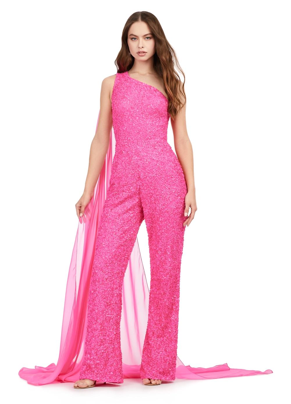 ASHLEYlauren 11384 - Sequin One-Shoulder Jumpsuit with Cape