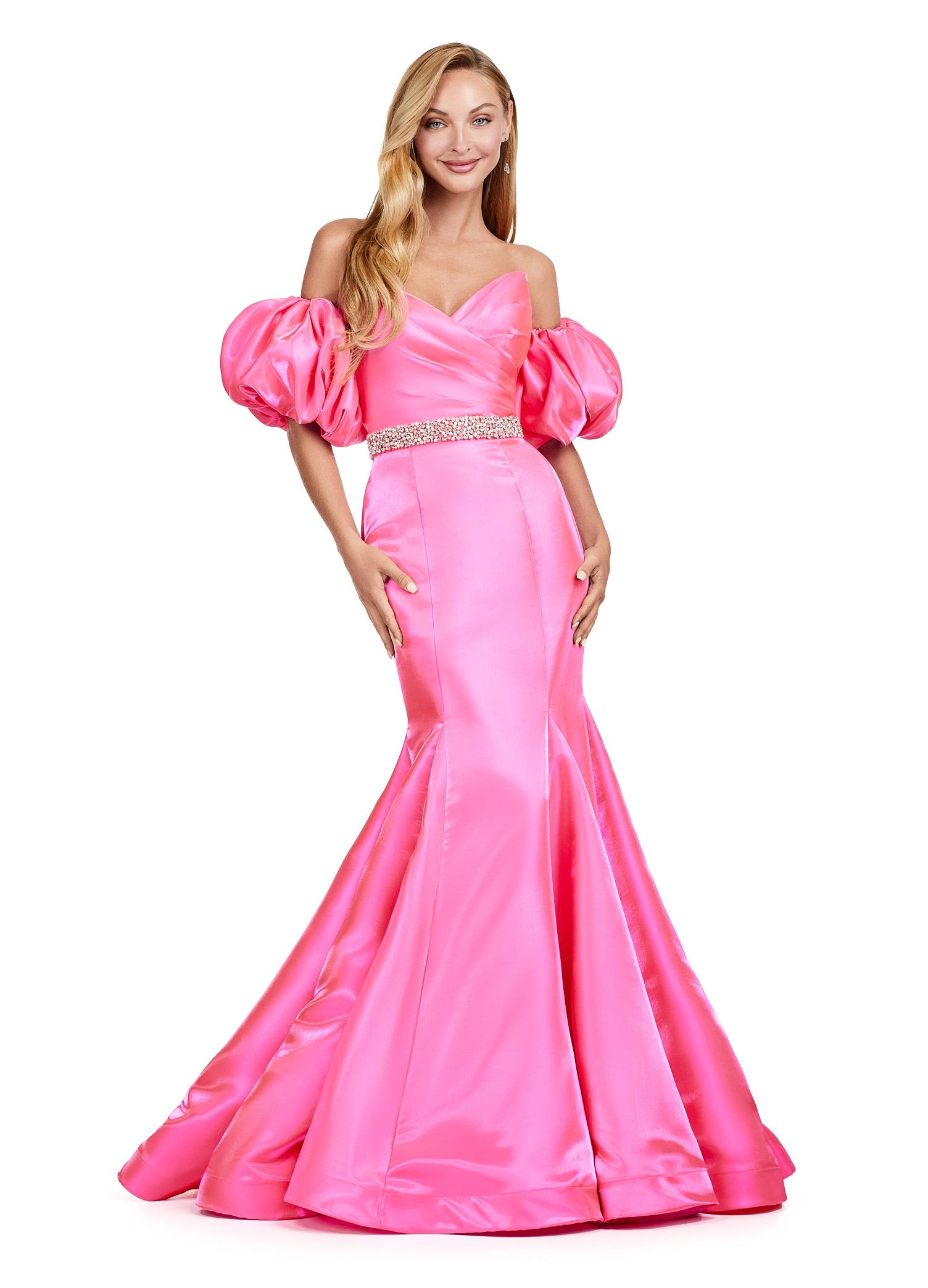 Pink ASHLEYlauren 11419 Strapless Satin Gown with Sweetheart Neckline, Voluminous Puff Sleeves, Mermaid Silhouette, and Sparkling Jeweled Belt