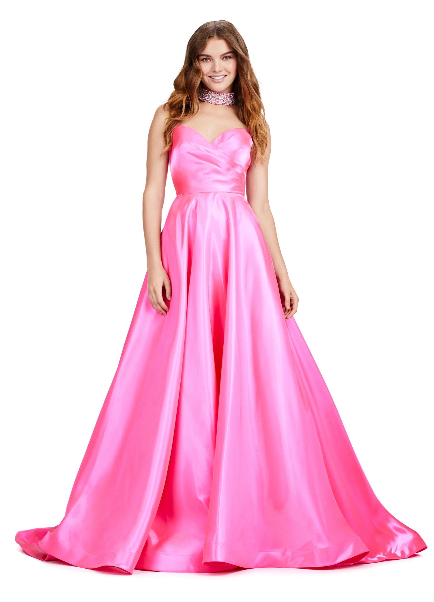 Pink ASHLEYlauren 11473 elegant A-line satin ball gown featuring a strapless sweetheart neckline, ruched bustier, and a fully beaded matching choker for a timeless and glamorous look.