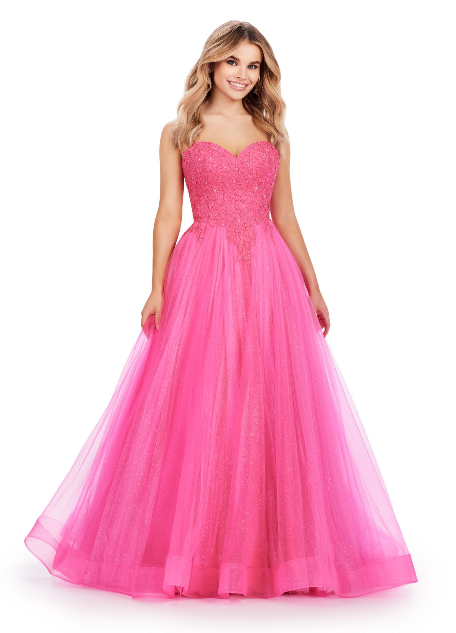Pink ASHLEYlauren 11518 Romantic A-Line Glitter Tulle Ball Gown with Sweetheart Neckline, Lace Appliqué Corset Bodice, and Lace Up Back