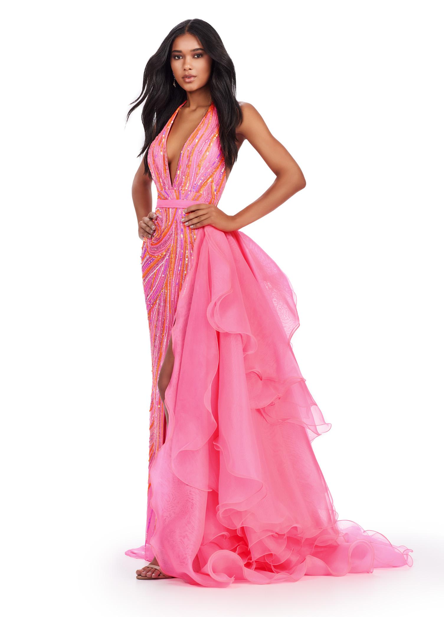 Ashley Lauren ワンショルダー シークイン コンテストドレス 白 ASHLEYlauren 11601 - Ruffle Organza Side Overskirt with Wire Hem