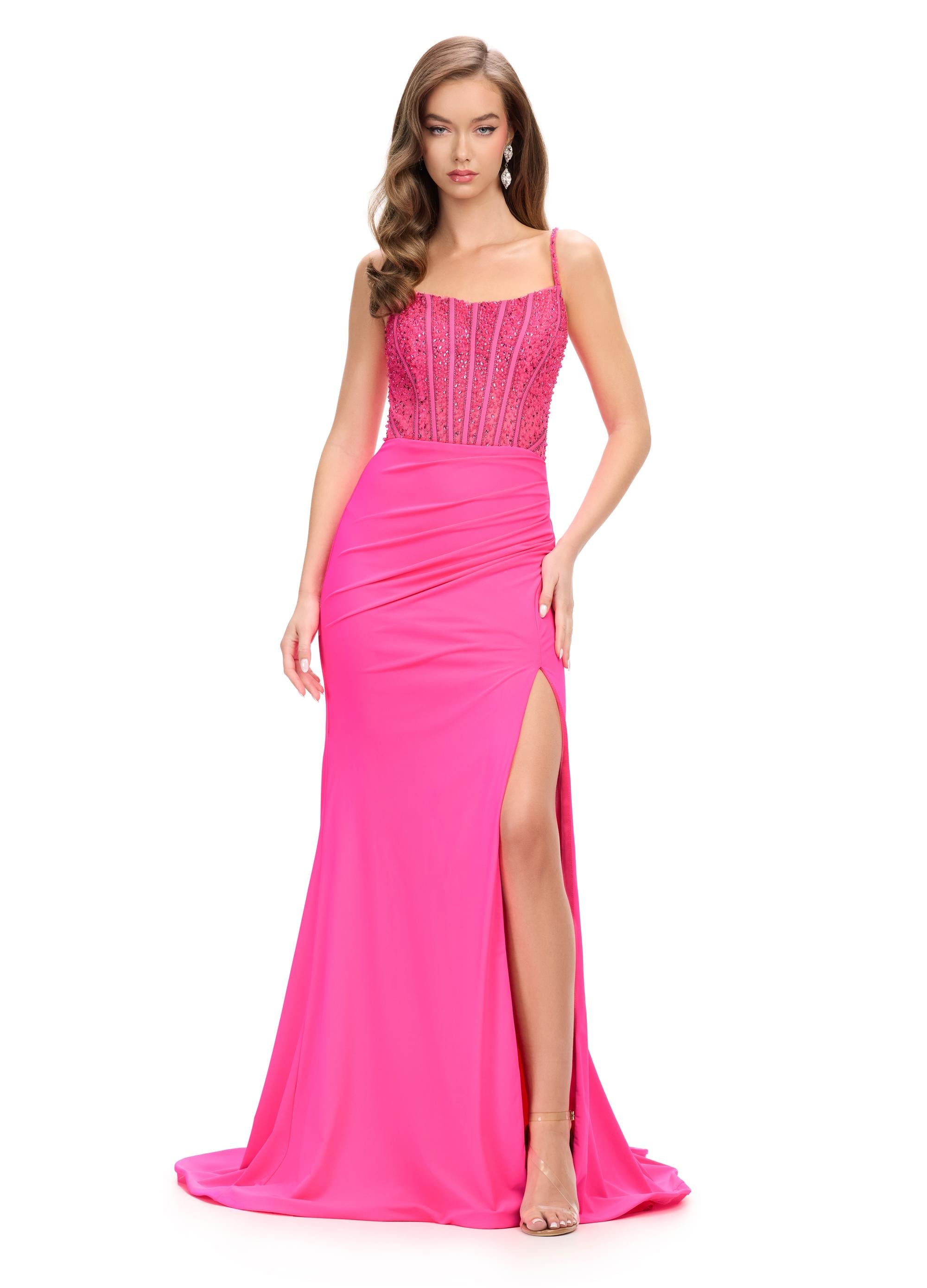 ASHLEYlauren 11664 - Beaded Corset Jersey Gown with Leg Slit