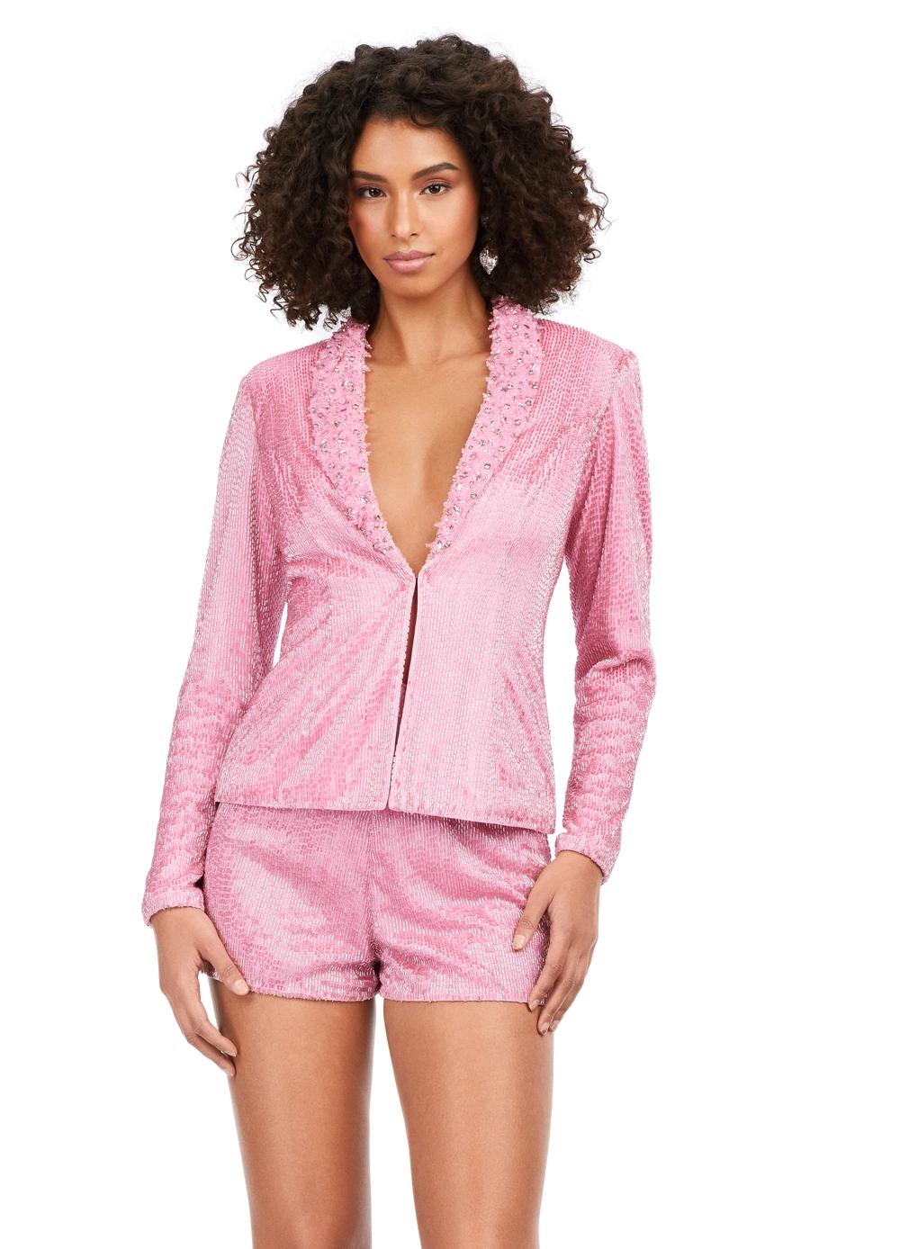 Pink ASHLEYlauren 4632 fully liquid beaded two-piece romper featuring a V-neckline, crystal and chunky stone-embellished lapel, and a bold, statement-making design perfect for any glamorous event.