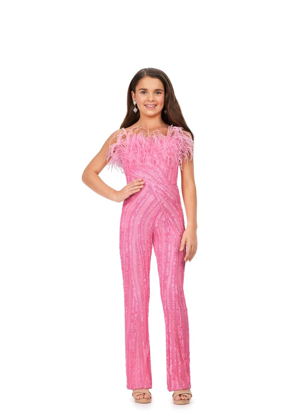 Pink ASHLEYlauren 8235 fully beaded sequin jumpsuit featuring delicate spaghetti straps, an intricate bead pattern, and feather details along the neckline for a bold and runway-ready look.