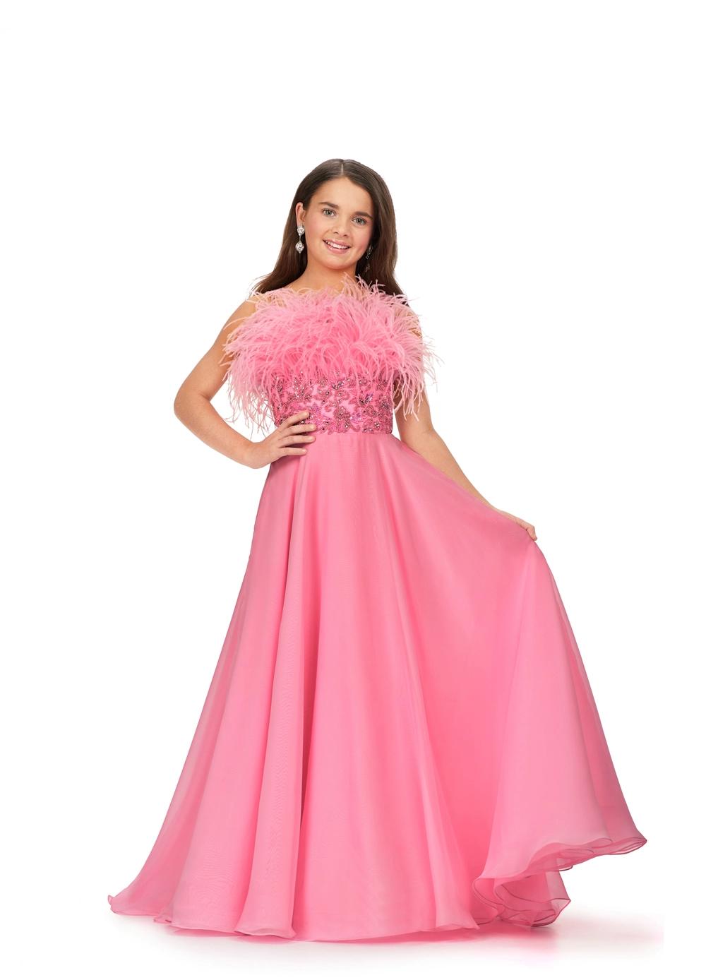 Pink ASHLEYlauren 8236 fun and flowy A-line ball gown featuring delicate spaghetti straps, a beaded bustier adorned with a mix of beads and feathers, creating a bold and statement-making look.