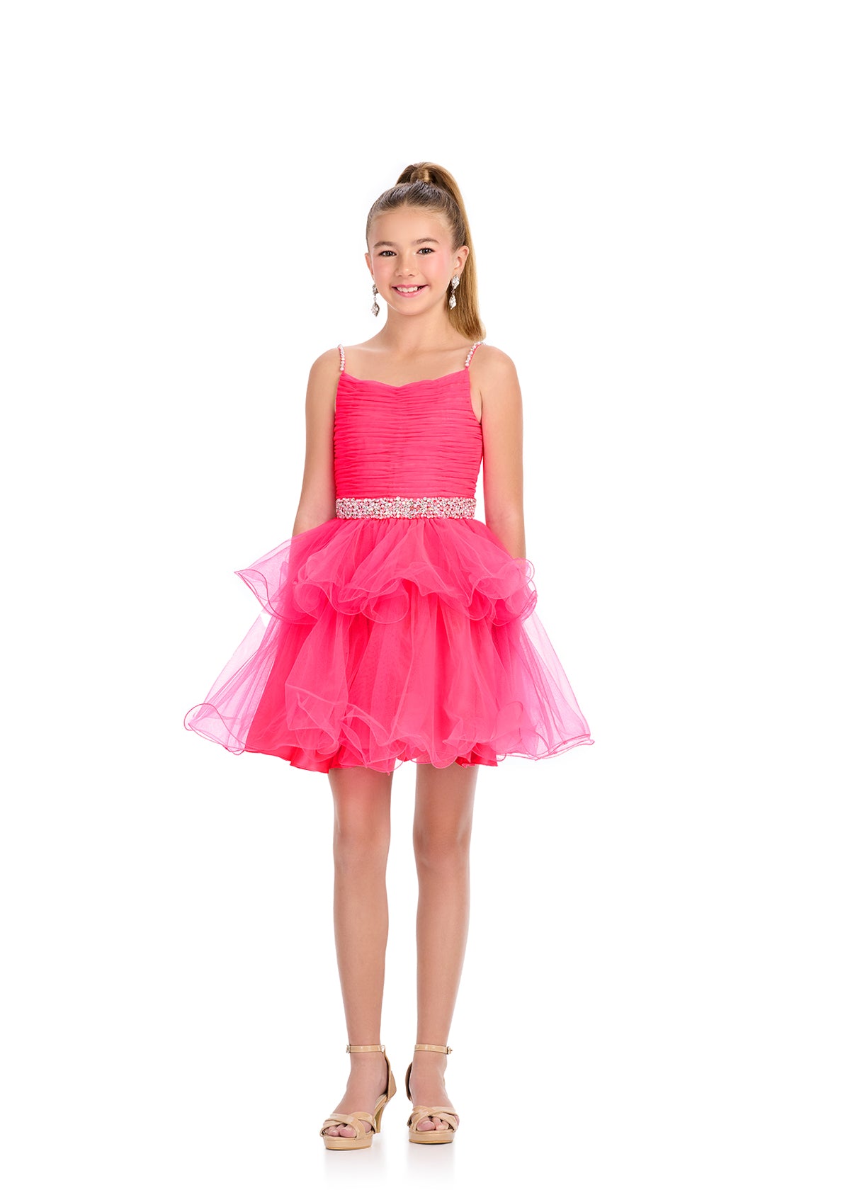 Pink ASHLEYlauren 8279 adorable tulle kids cocktail dress featuring a ruched bodice, V-back, beaded waistband and straps, and a tiered ruffle A-line skirt for a fun and elegant look.