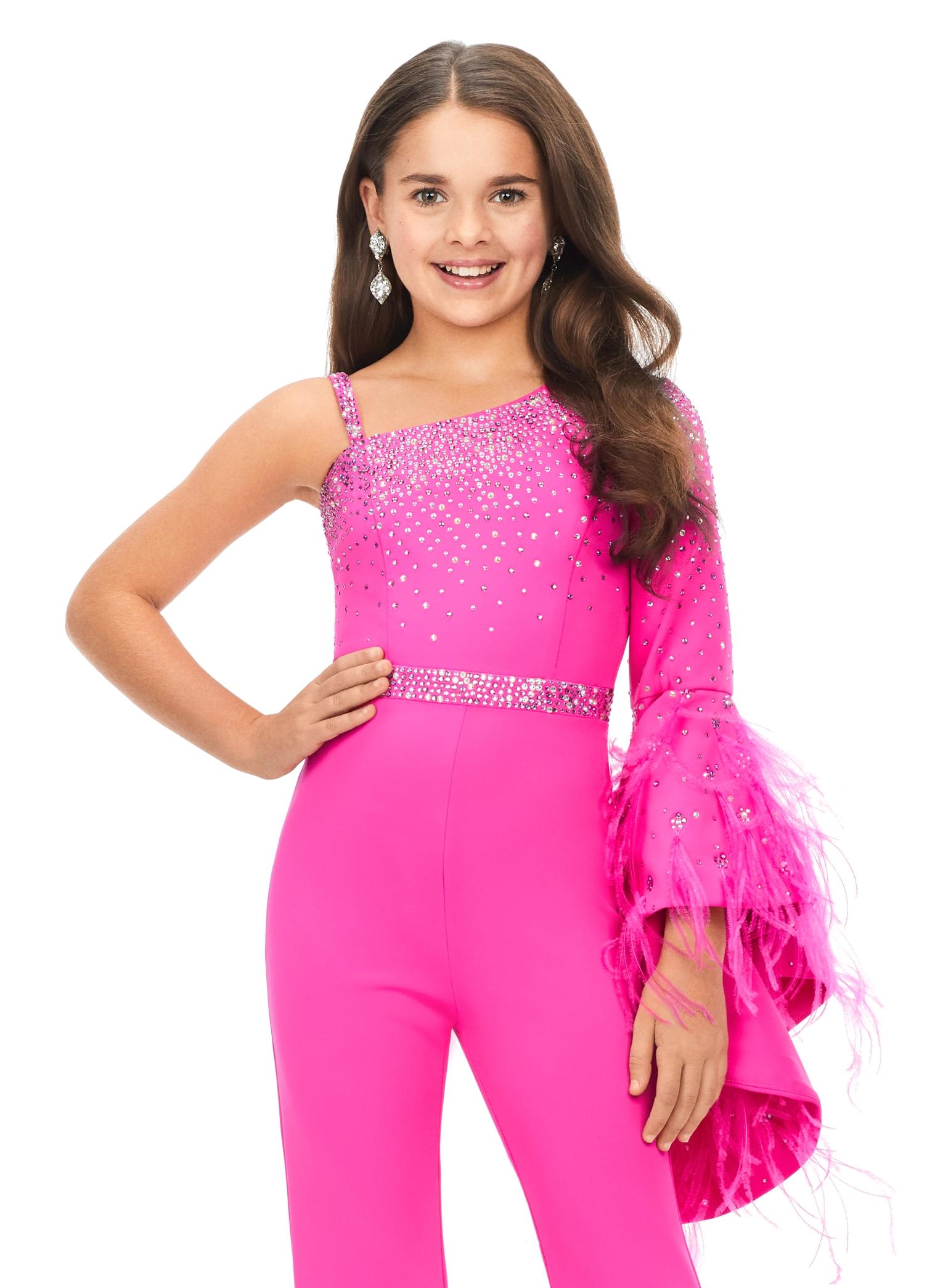 Pink ASHLEYlauren Kids 8178 One Shoulder Scuba Jumpsuit with Feather Bell Sleeve and Stone Accents