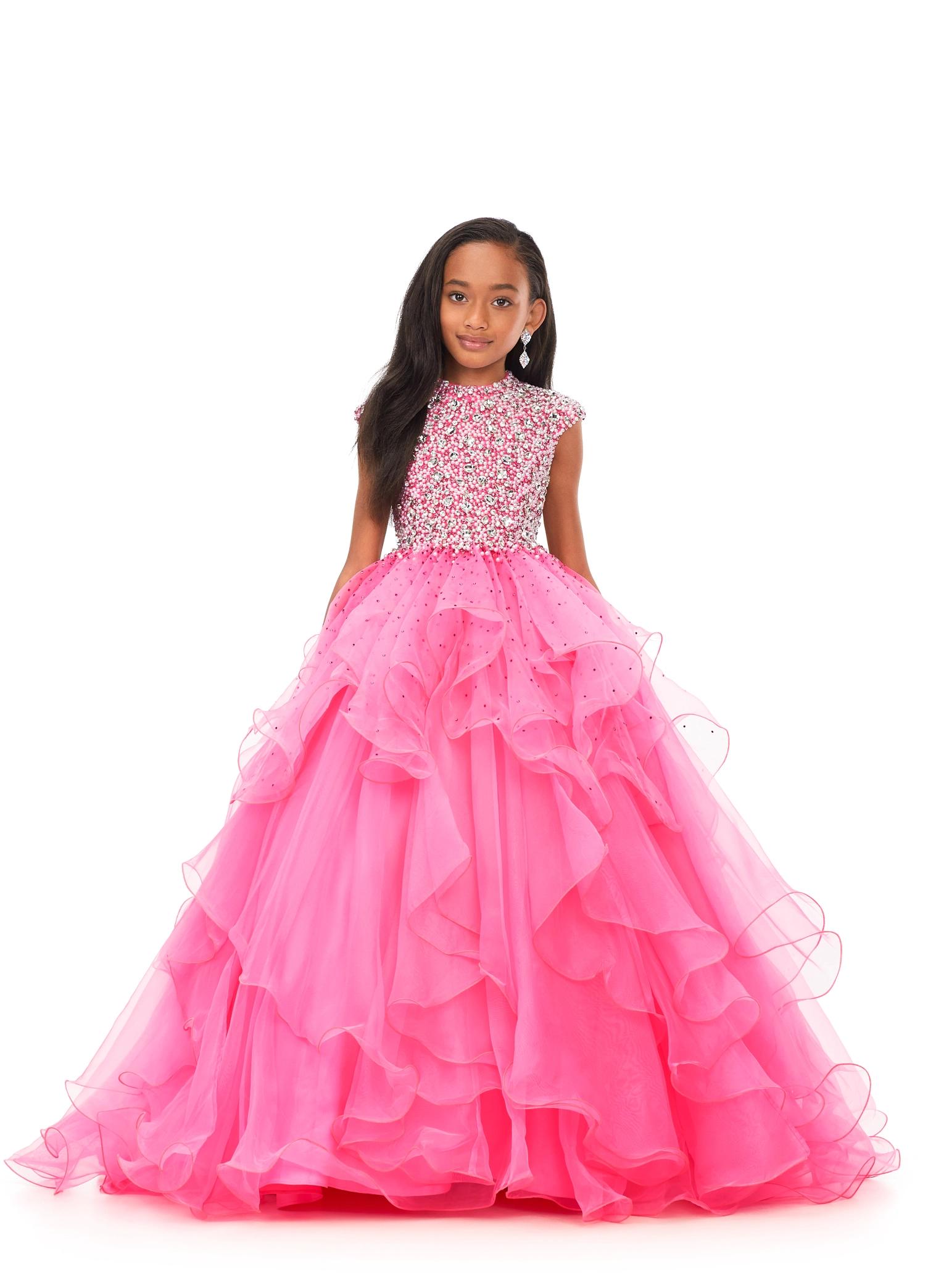 ASHLEYlauren Kids 8180 High Neckline Ball Gown with Crystal & Pearl Bodice and Ruffle Skirt