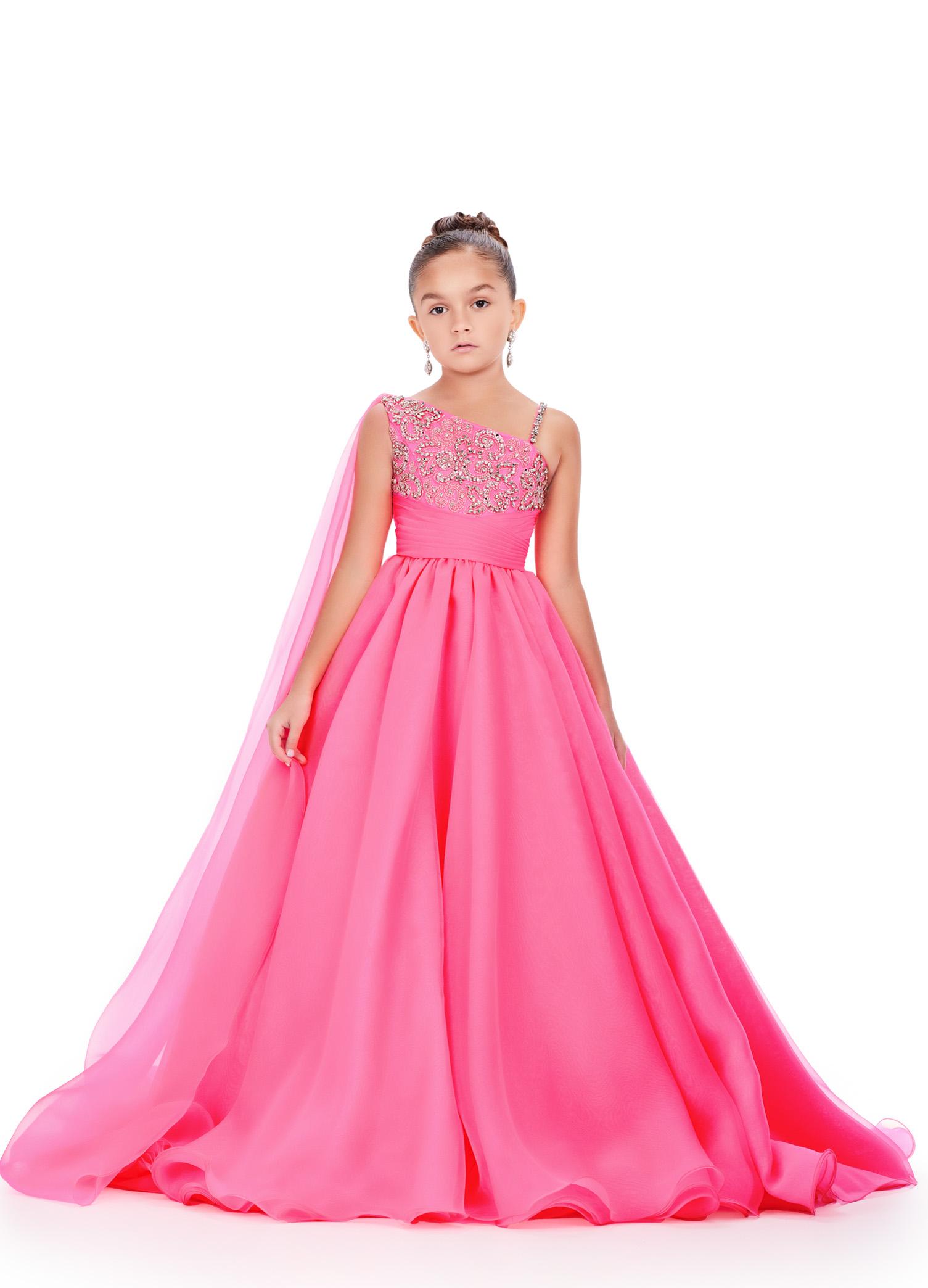 Pink ASHLEYlauren Kids 8212 One Shoulder Organza Ball Gown with Beaded Bodice and Cape