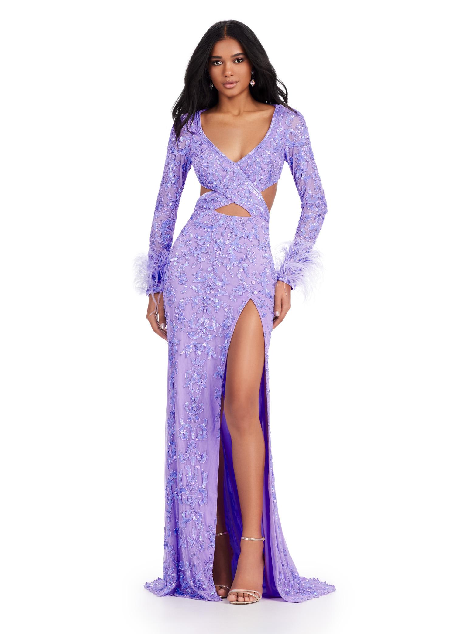 ASHLEYlauren 11364 - Beaded Gown with Feather Trimmed Sleeves